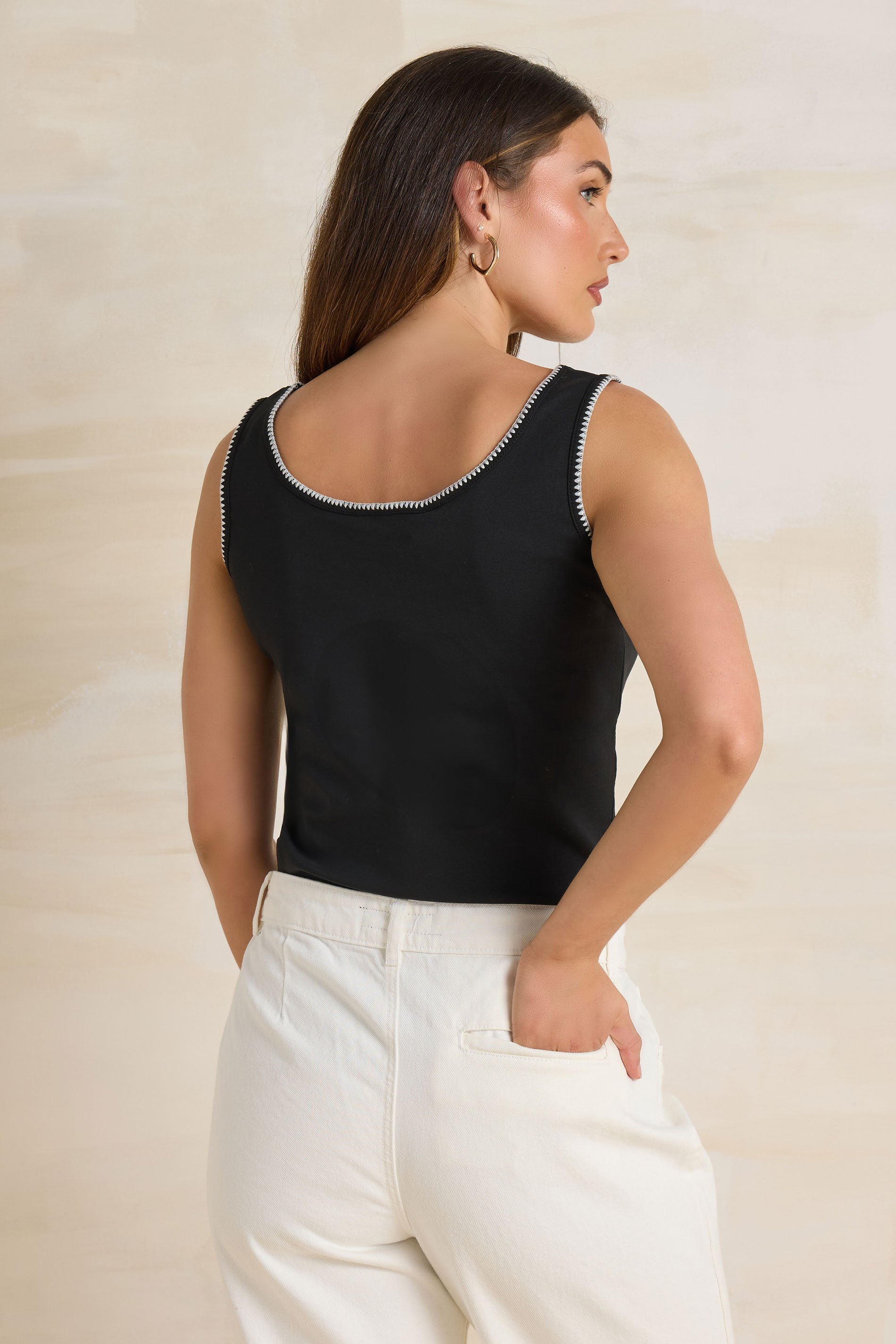 LTS Tall Black Contrast Stitch Vest Top | Long Tall Sally 4