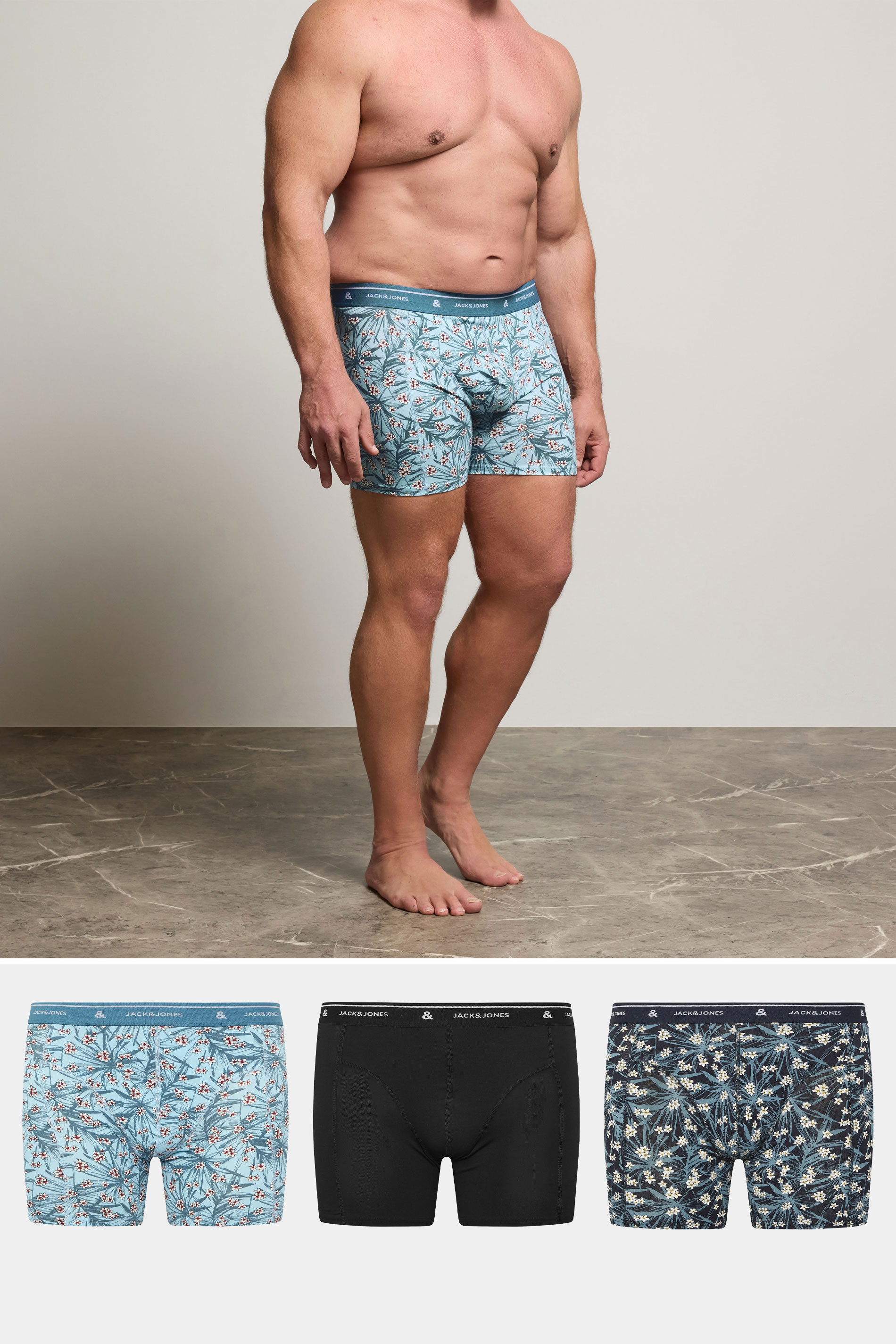 JACK & JONES Big & Tall 3 Pack Chambray Blue Floral Patterned Boxers | BadRhino 1