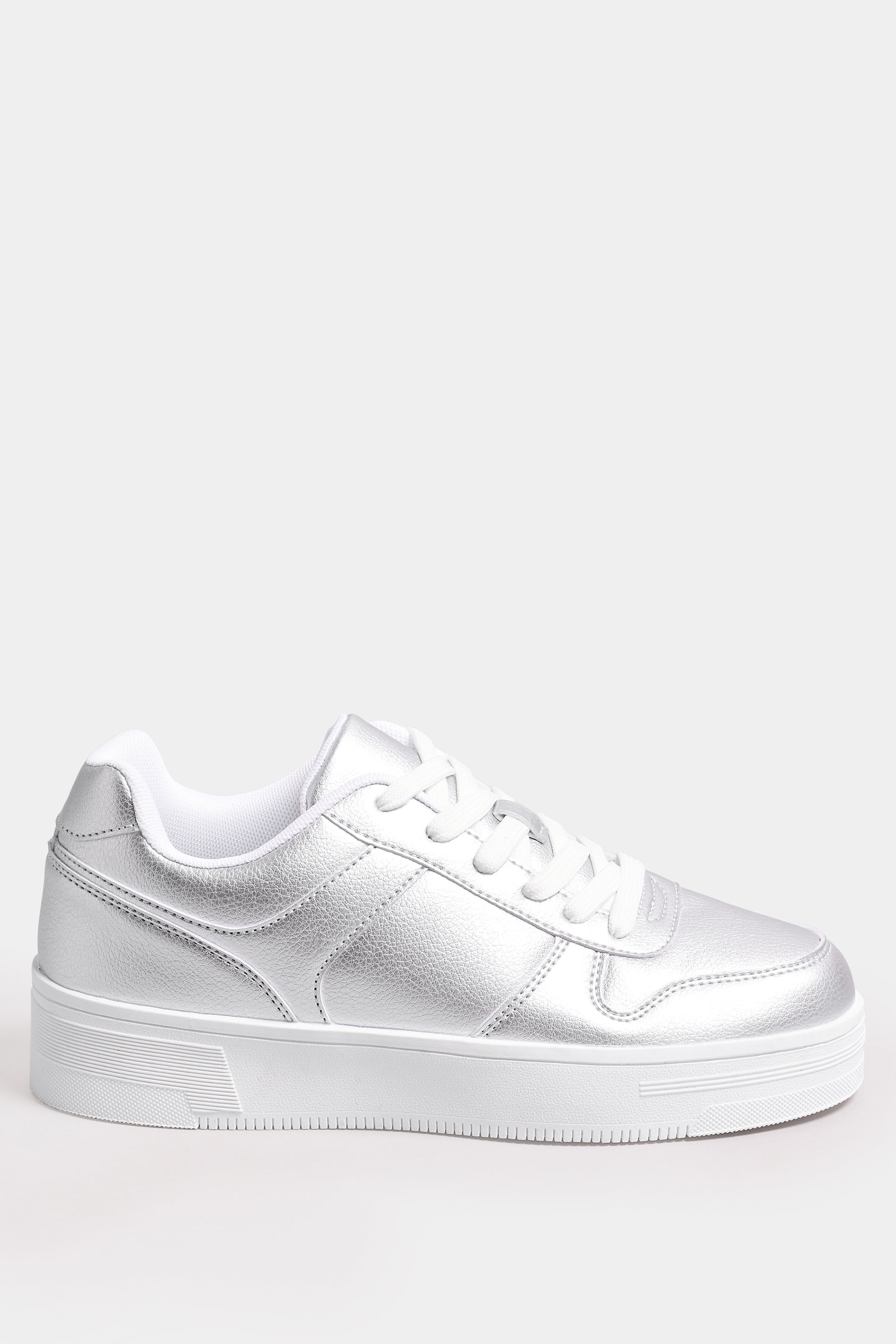 Silver Metallic Chunky Lace Up Trainers In Wide E Fit | Yours Clothing 3