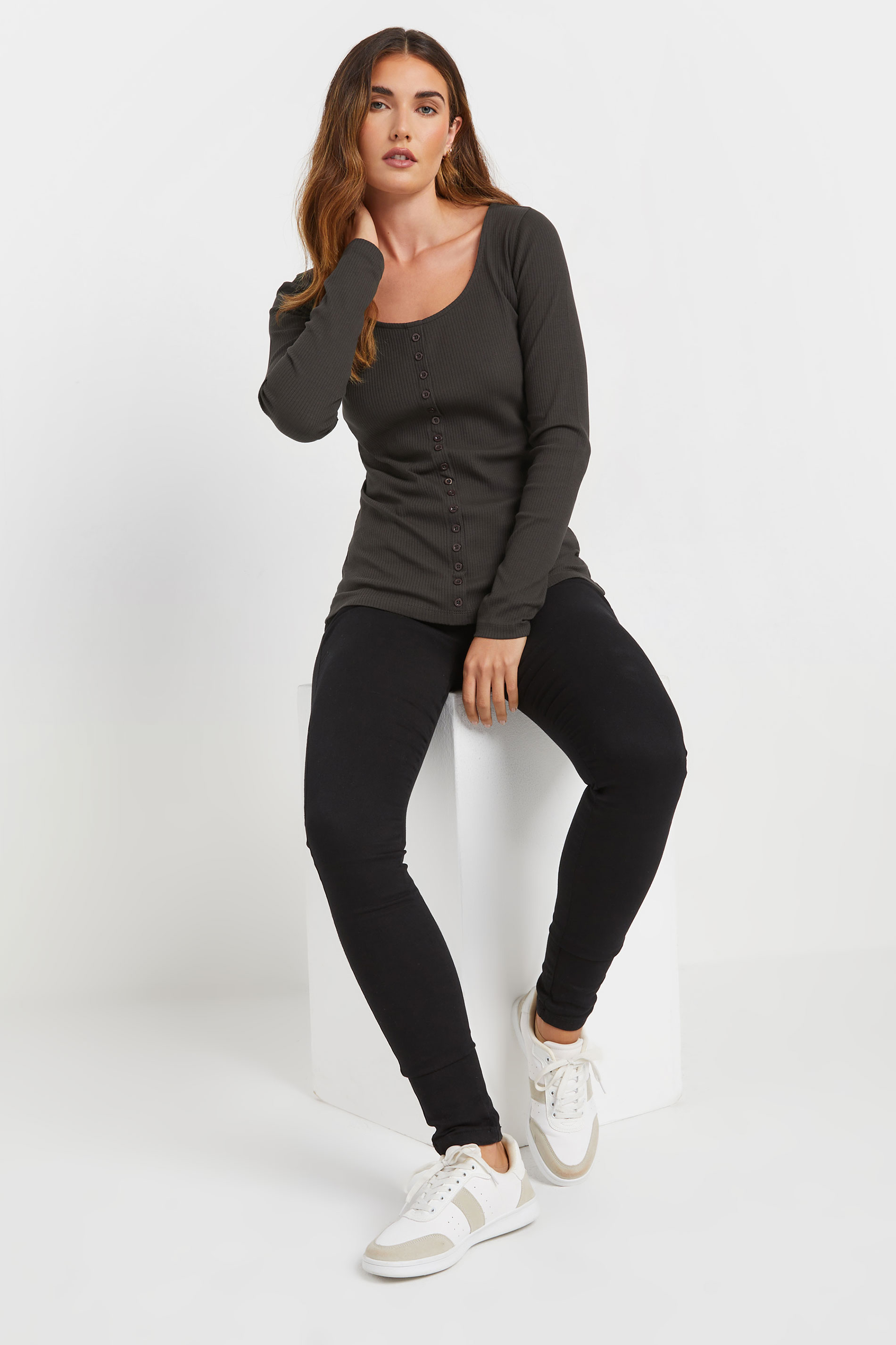 LTS Tall Charcoal Grey Ribbed Button Long Sleeve Top | Long Tall Sally 2