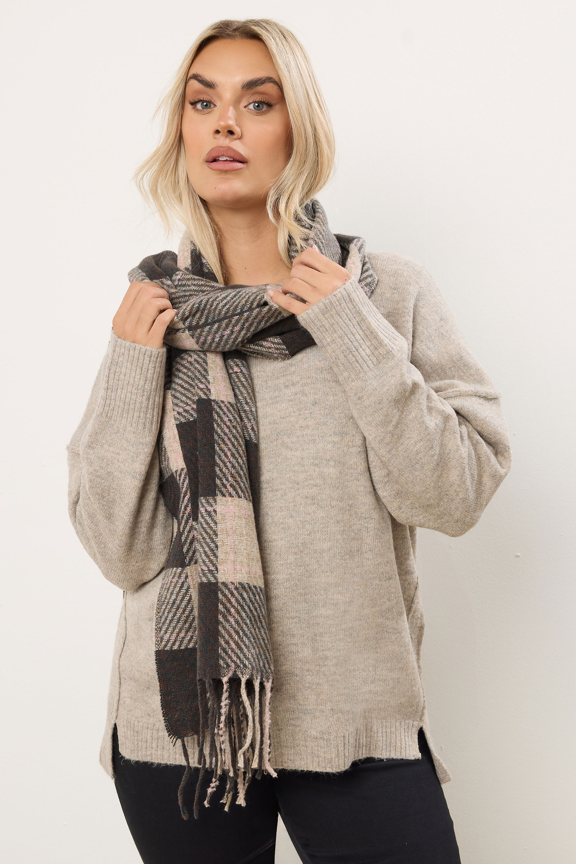 Chocolate Brown Checked Scarf | Yours Clothing 1