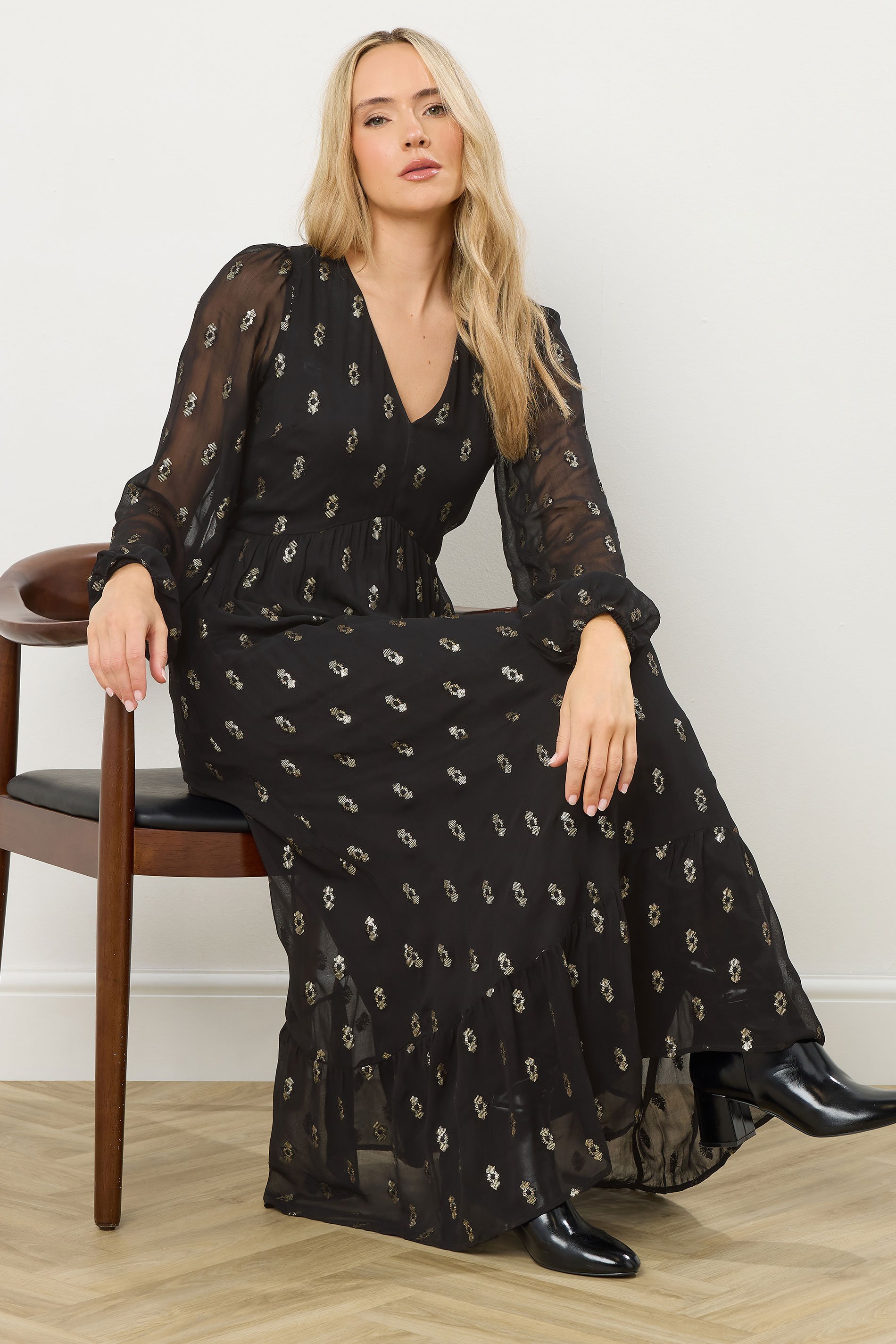 LTS Tall Black Sequin Spot Smock Maxi Dress | Long Tall Sally 3