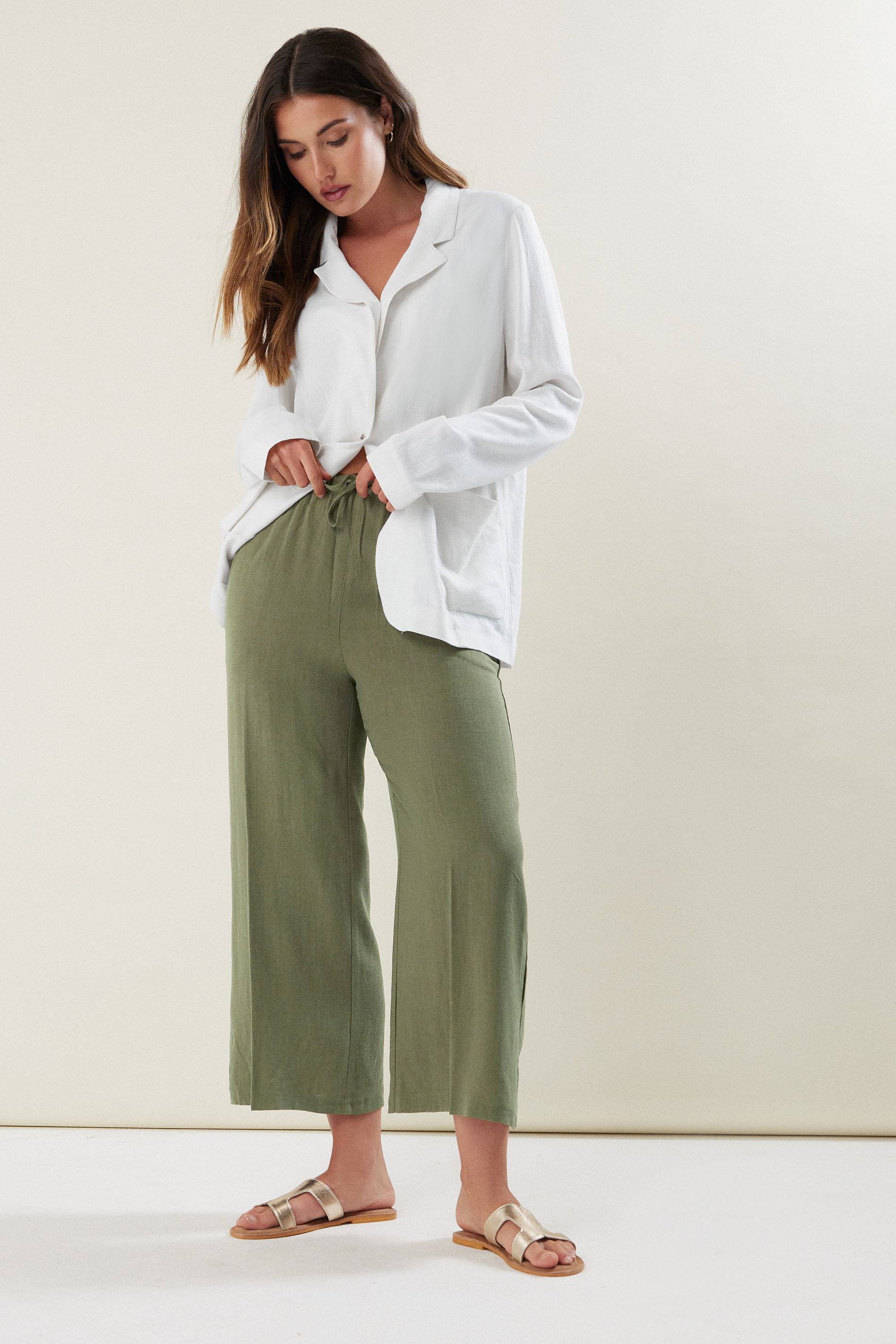 LTS Tall Women's Khaki Green Linen Tie Waist Cropped Trousers | Long Tall Sally  1