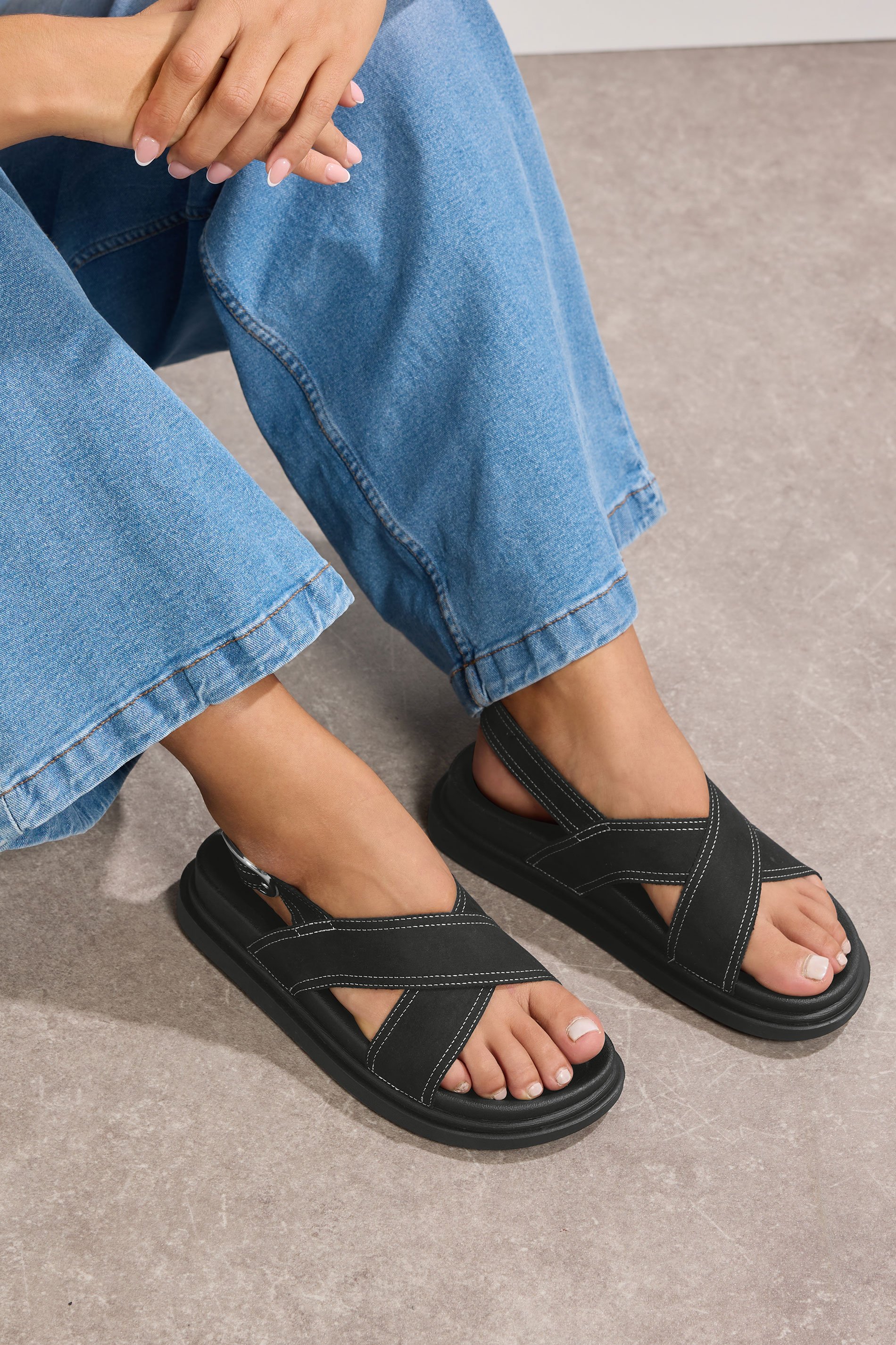 Black Contrast Stitch Cross Strap Sandals In Extra Wide EEE Fit | Yours Clothing 1