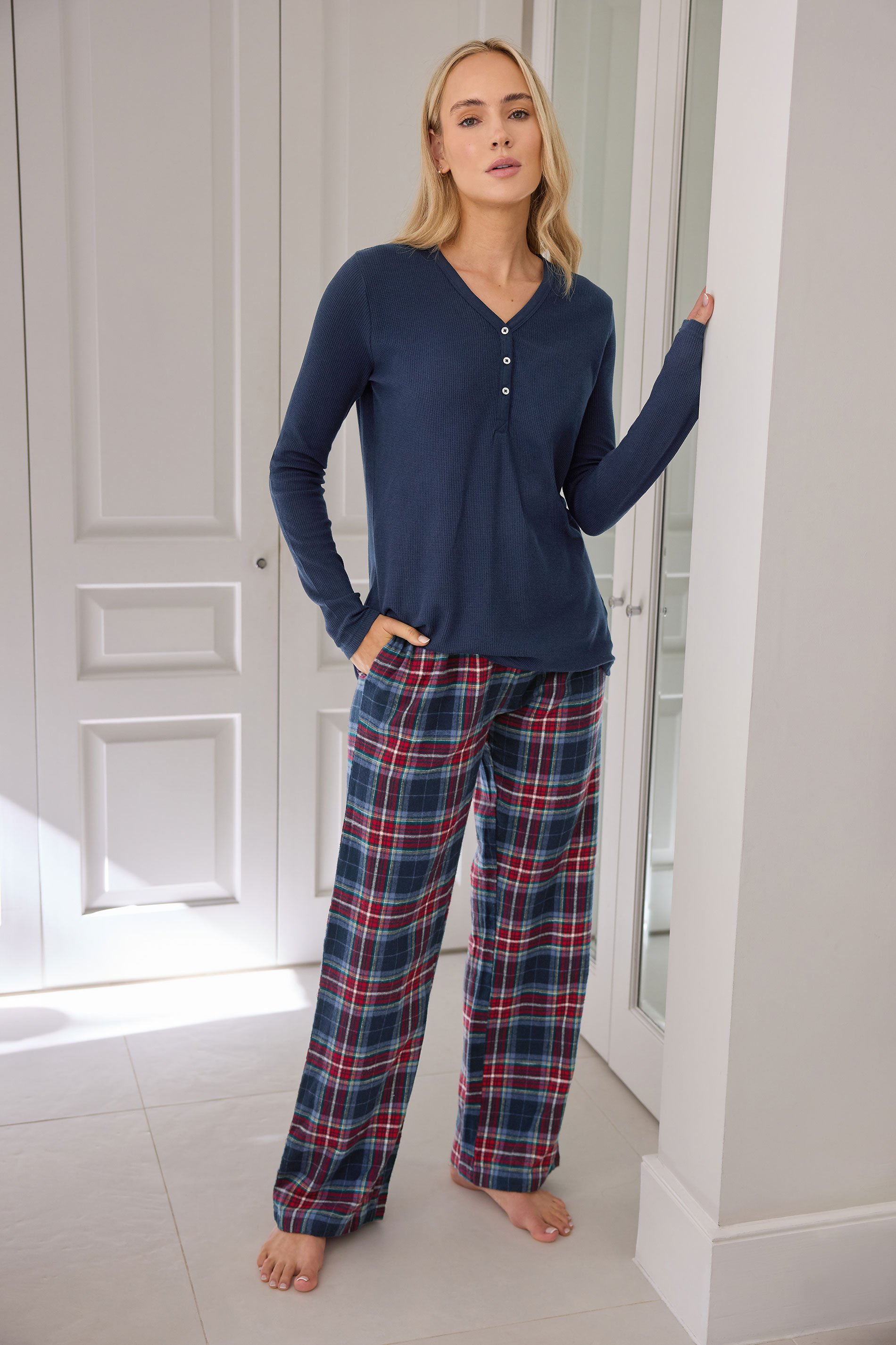 LTS Tall Navy Blue & Red Cotton Check Pyjama Bottoms | Long Tall Sally 1