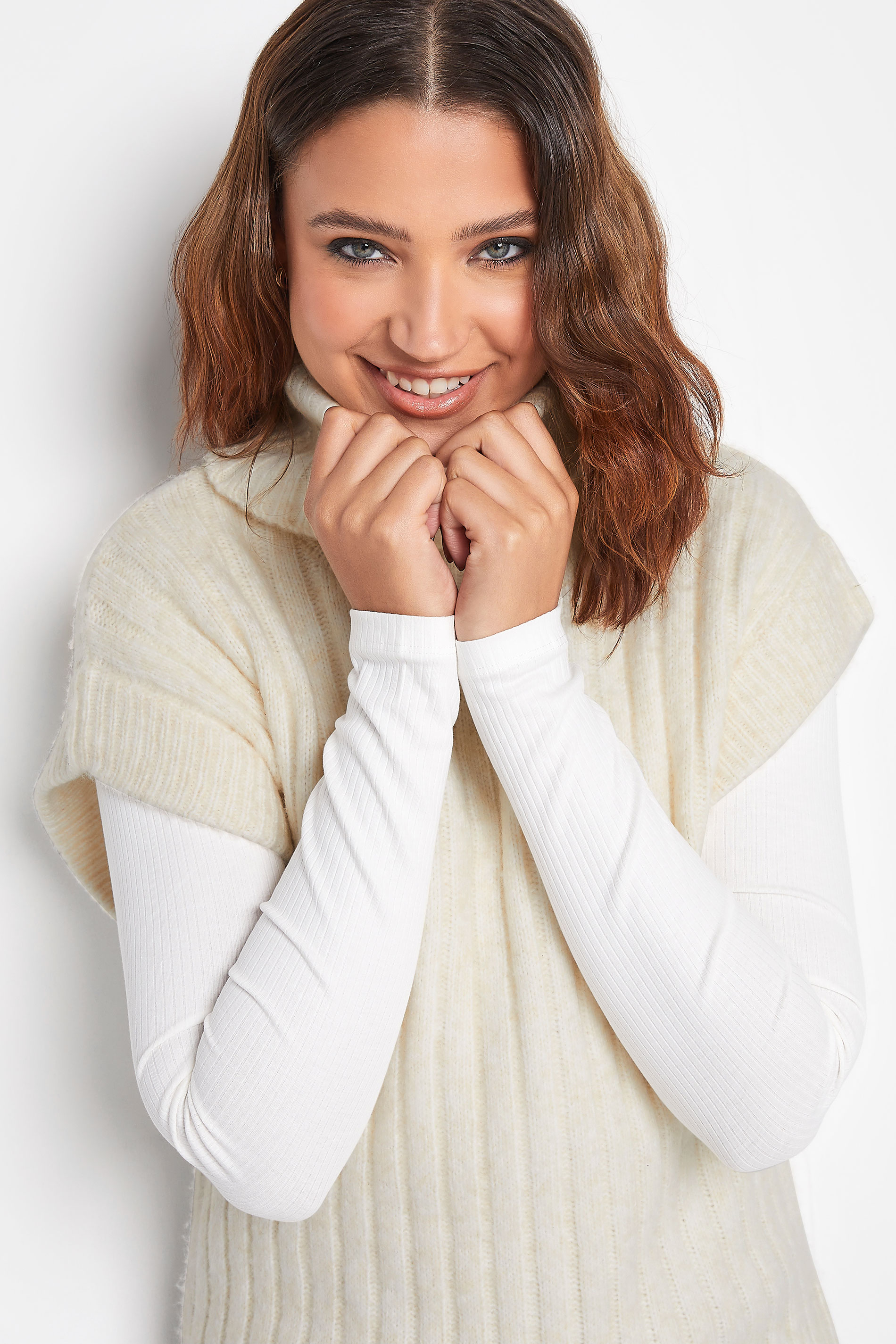 LTS Tall Ivory White Ribbed Roll Neck Knitted Sweater Vest | Long Tall Sally  4