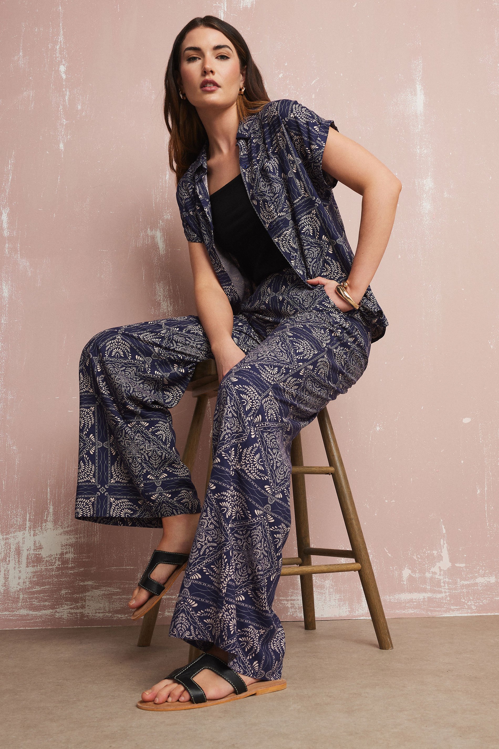 LTS Tall Navy Blue Tile Print Wide Leg Trousers | Long Tall Sally 1