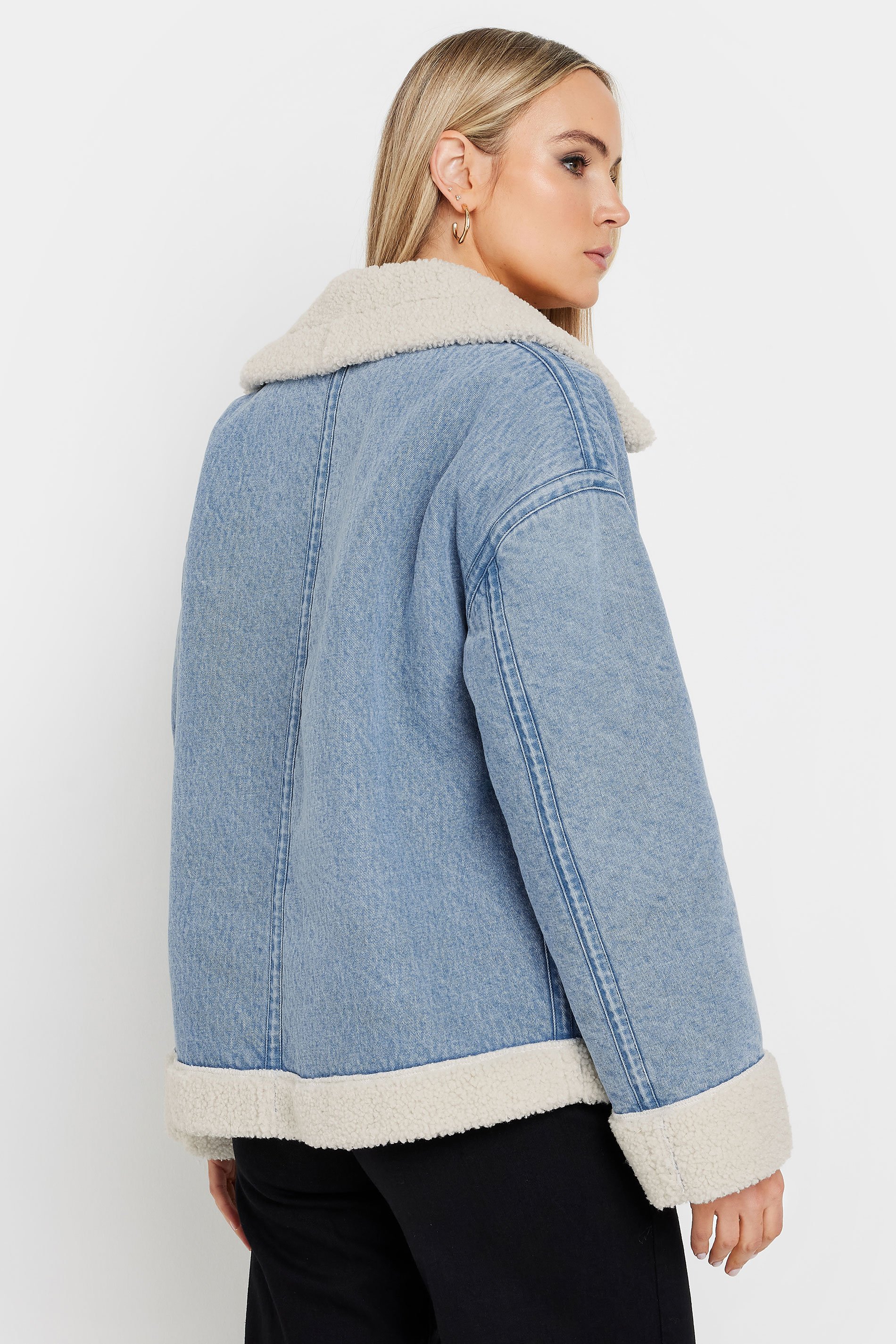 LTS Tall Light Blue Denim Borg Zip Jacket | Long Tall Sally 4
