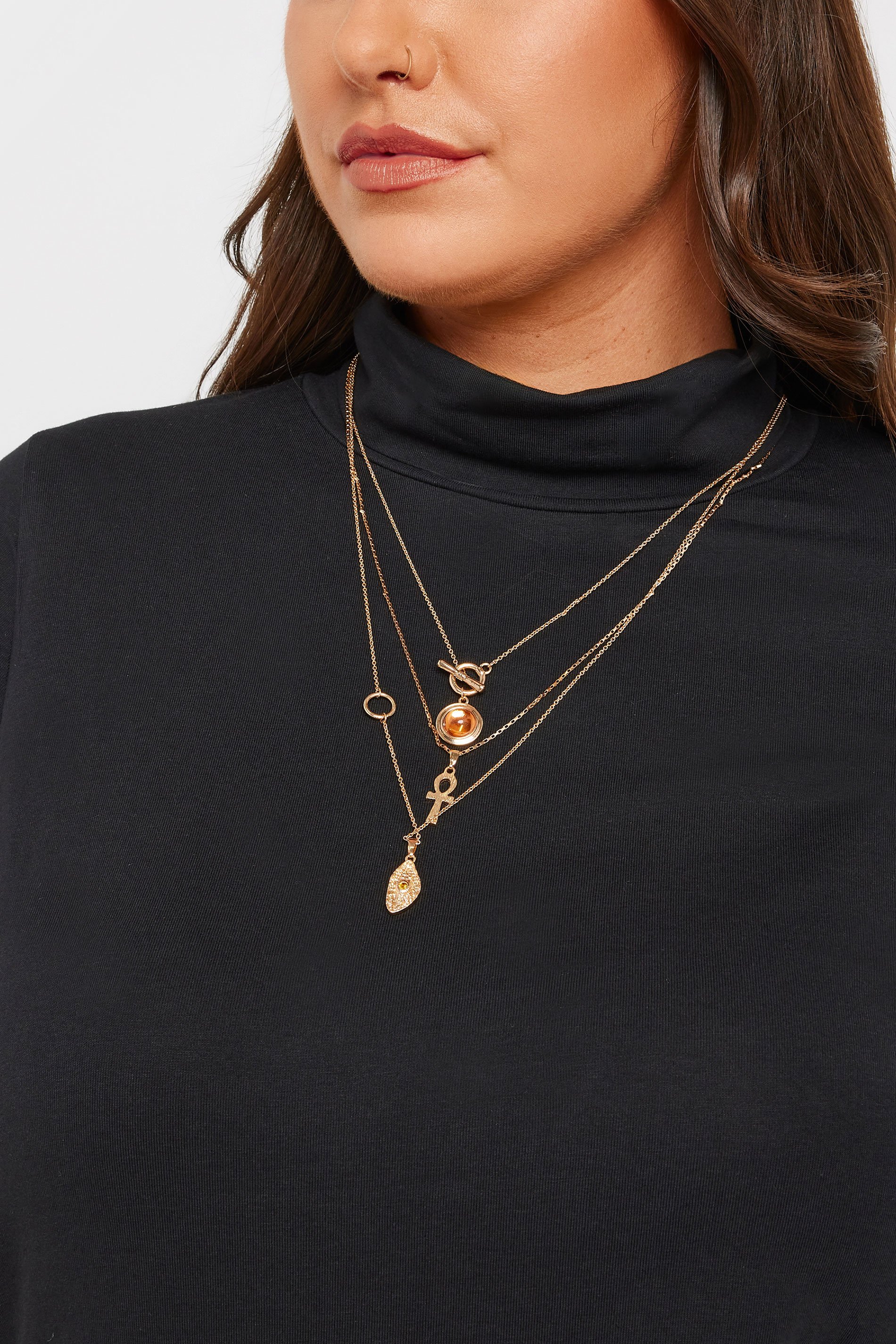 Gold Tone Triple Layer Amber Gemstone Necklace | Yours Clothing  1