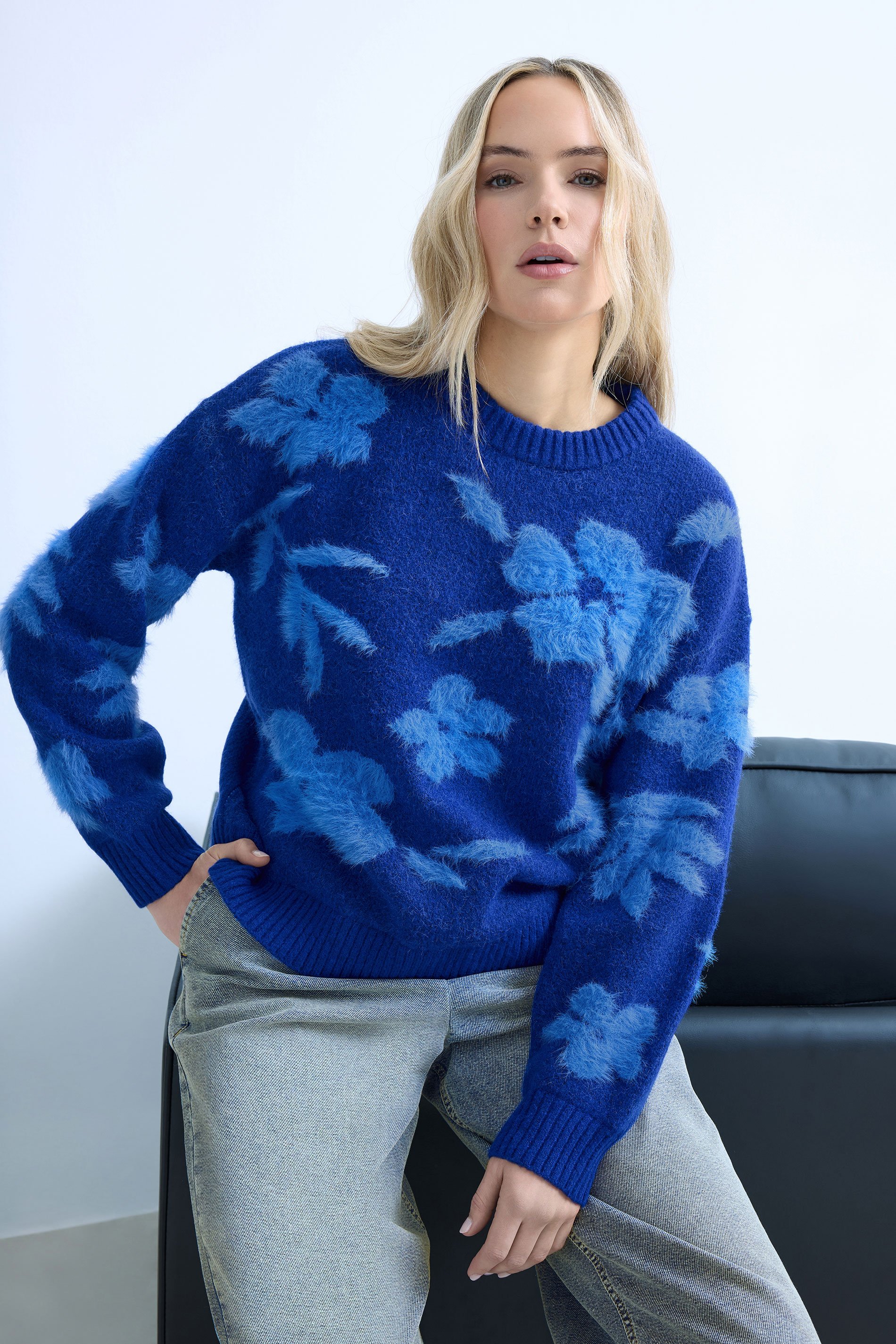 LTS Tall Blue Floral Fluffy Knit Jumper | Long Tall Sally 1
