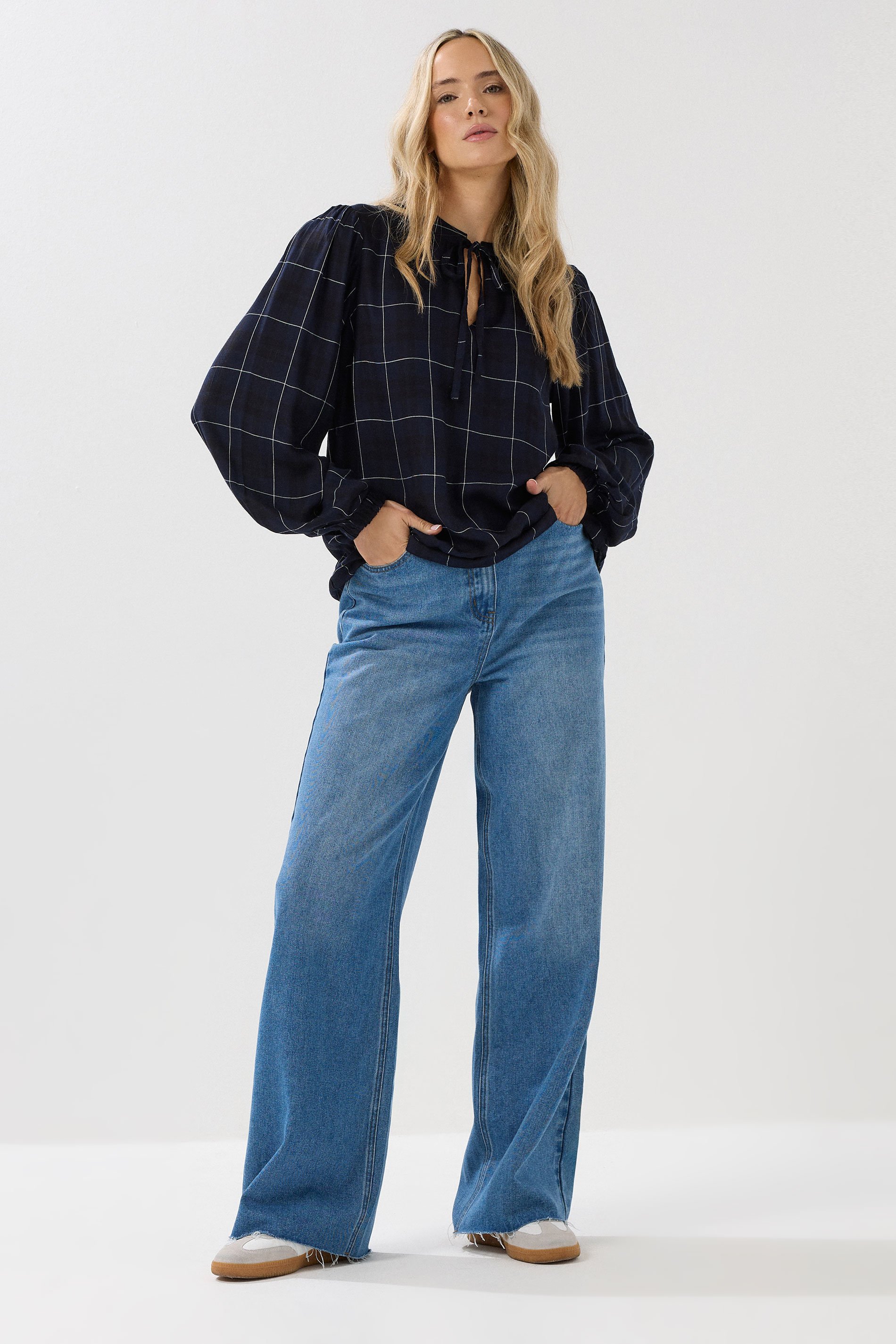 LTS Tall Navy Blue Check Tie Front Blouse | Long Tall Sally 2