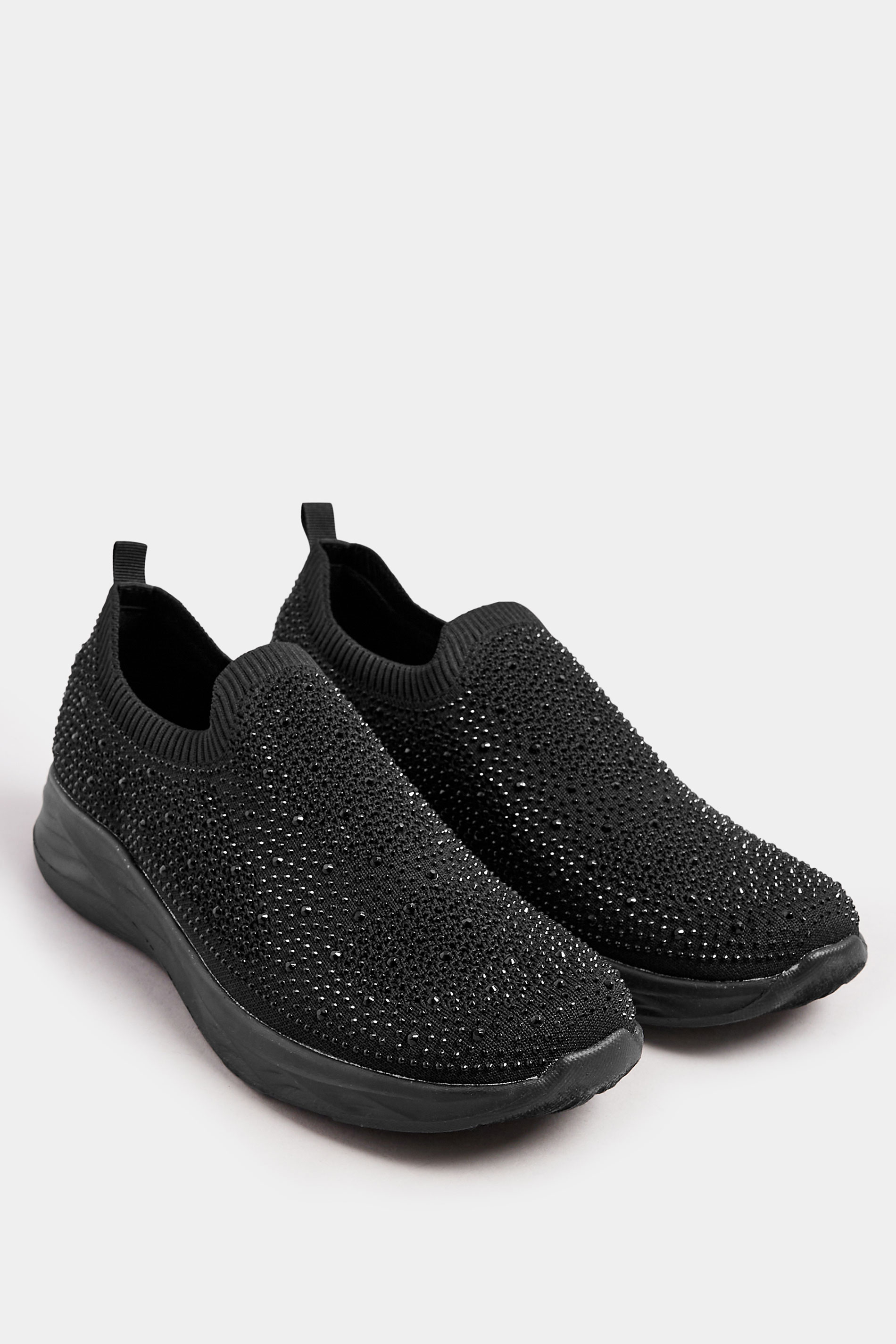 Black Diamante Knitted Slip On Trainers In Extra Wide EEE Fit | Yours Clothing 2