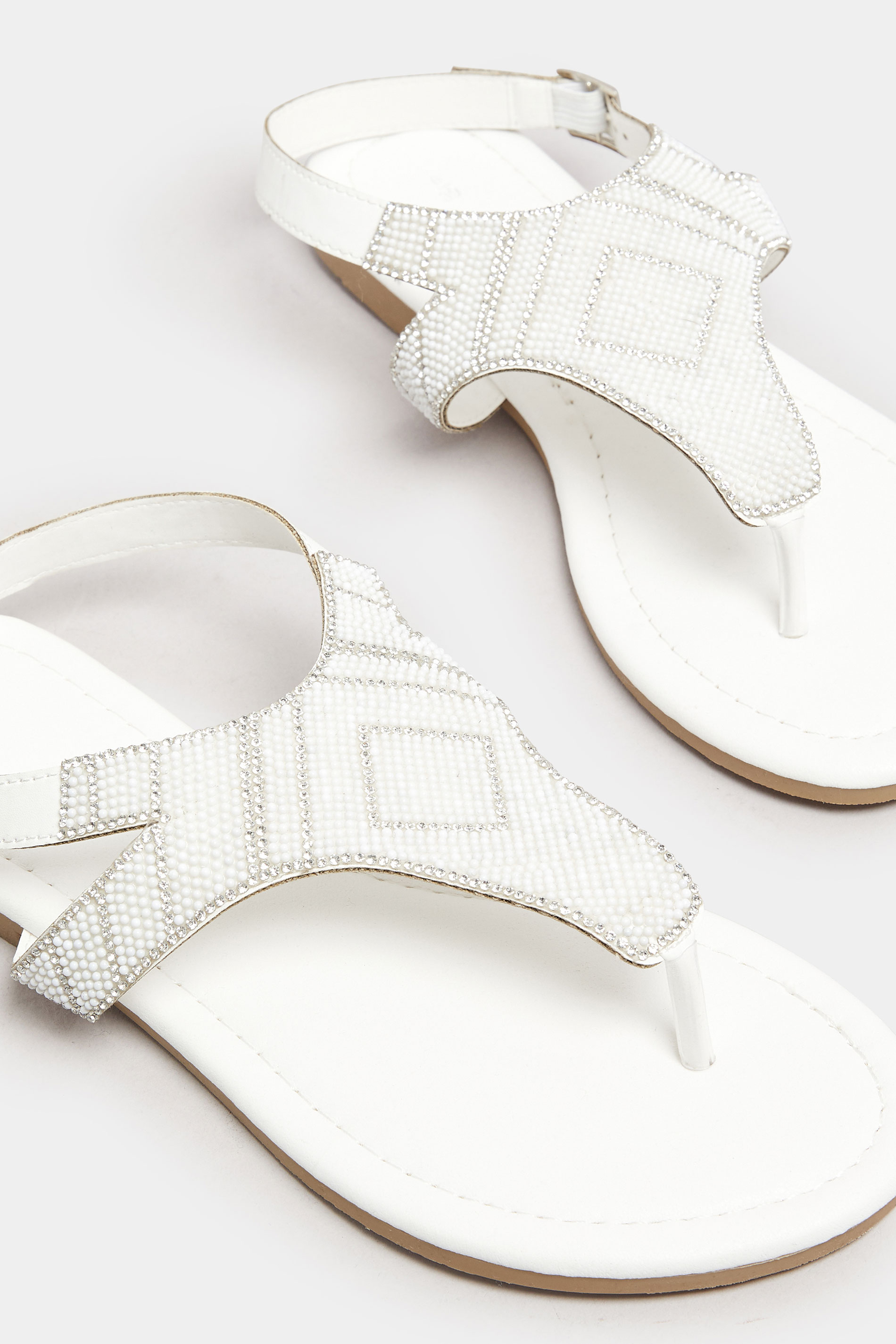 LTS White Beaded Ankle Strap Sandals In Standard Fit | Long Tall Sally 5