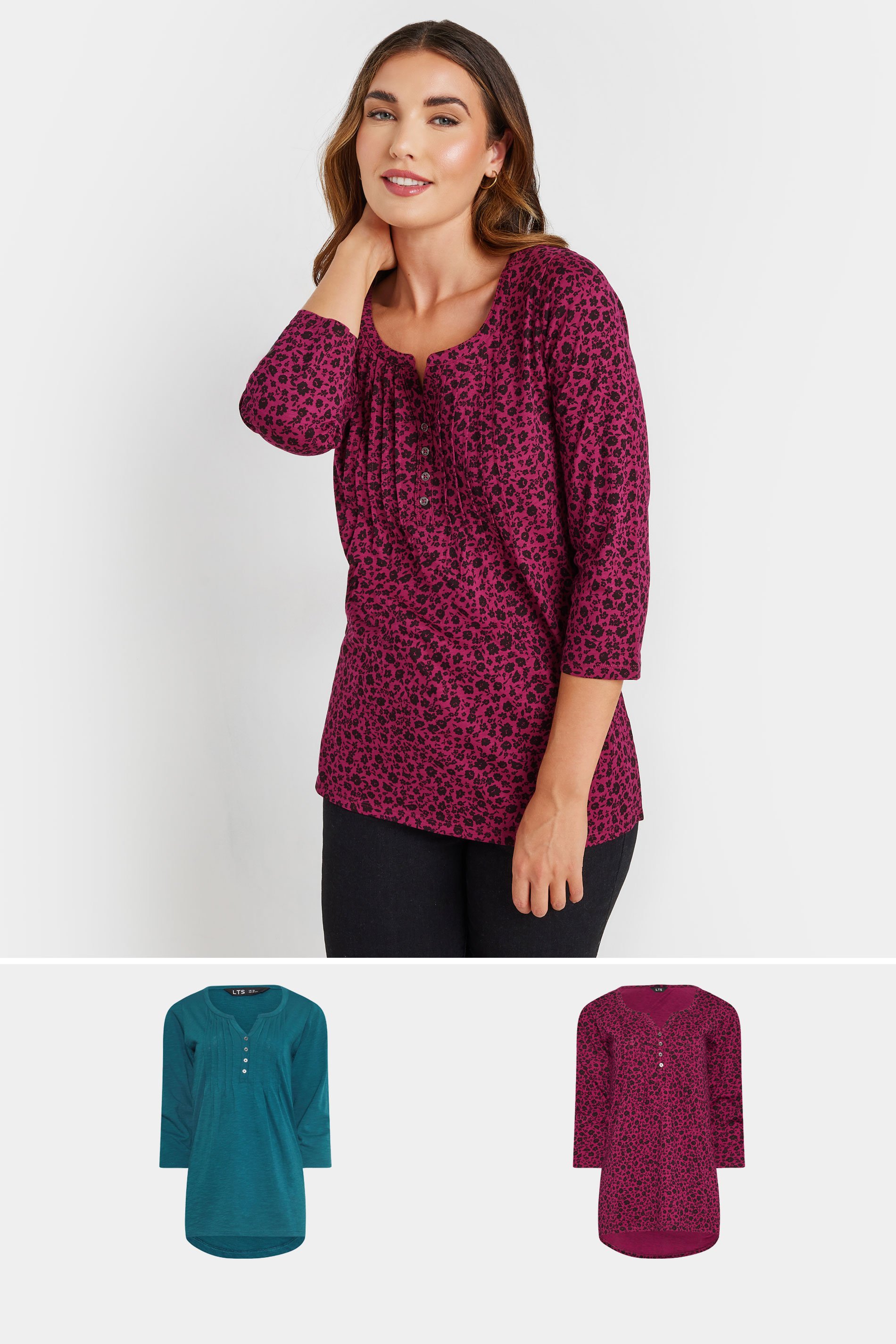 LTS Tall 2 PACK Teal Blue & Dark Pink Henley Tops | Long Tall Sally 1