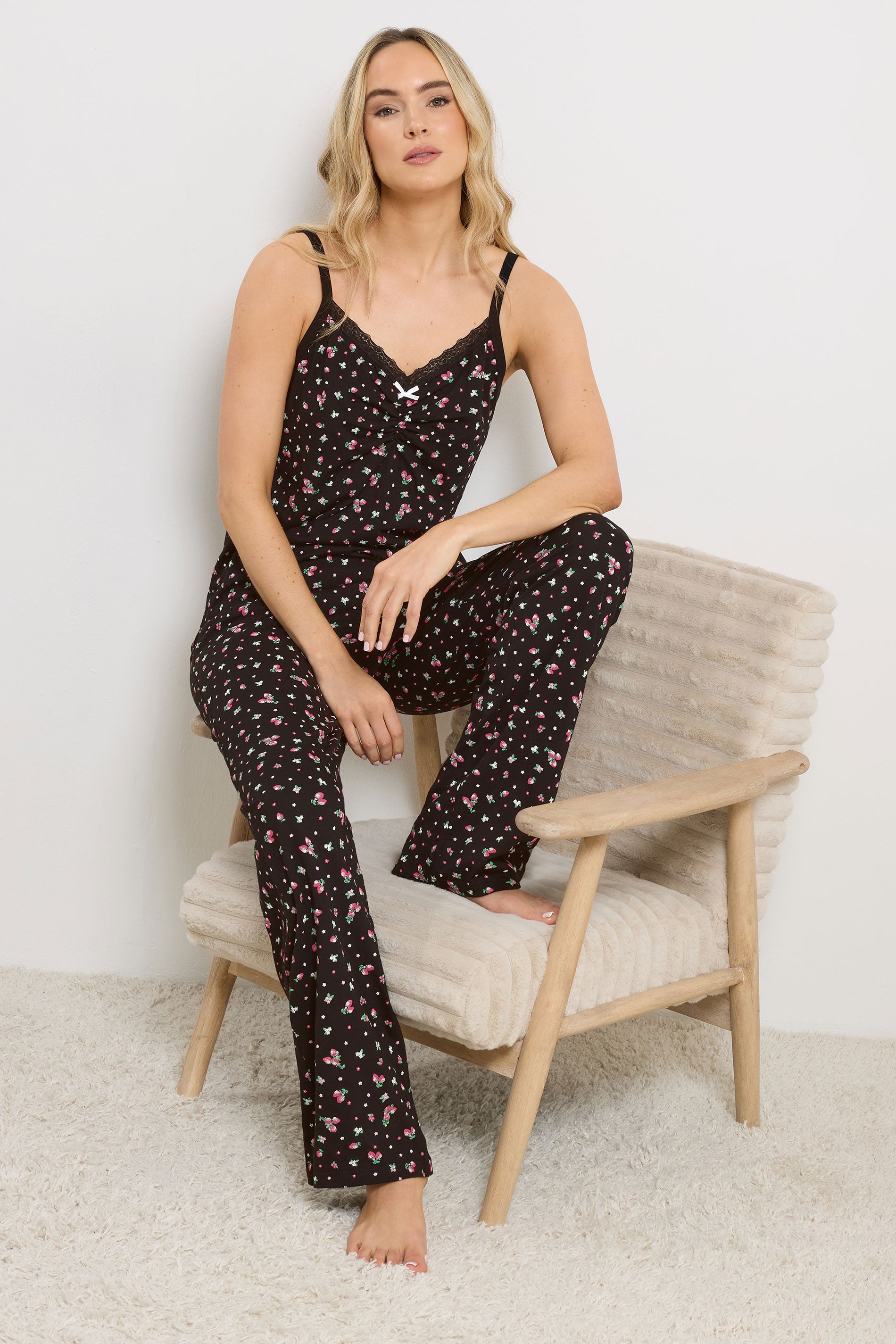 LTS Tall Women's Black Ditsy Floral & Berry Cotton Pyjama Set | Long Tall Sally 1