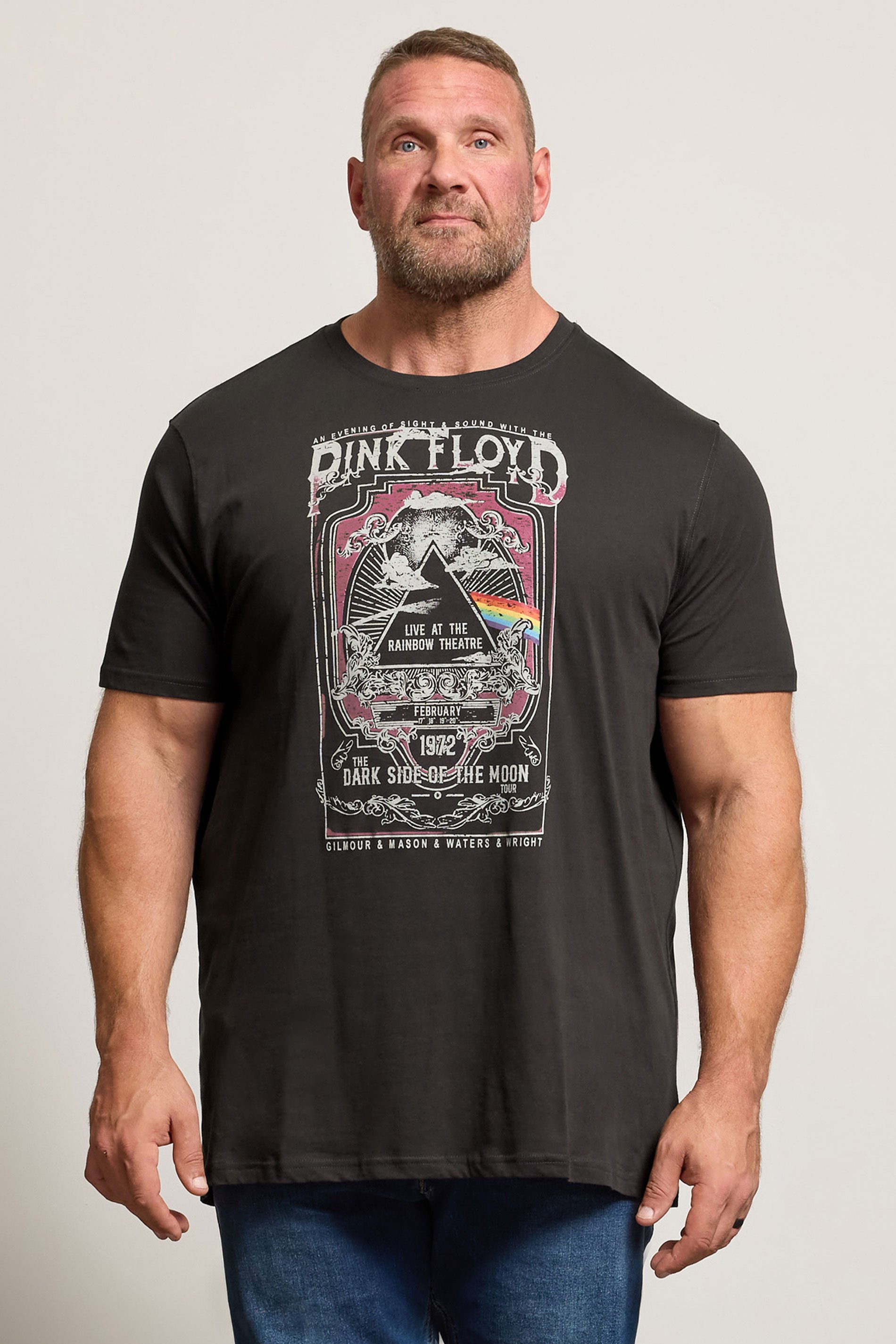 D555 Big & Tall Washed Black Pink Floyd Graphic Print T-Shirt | BadRhino 1