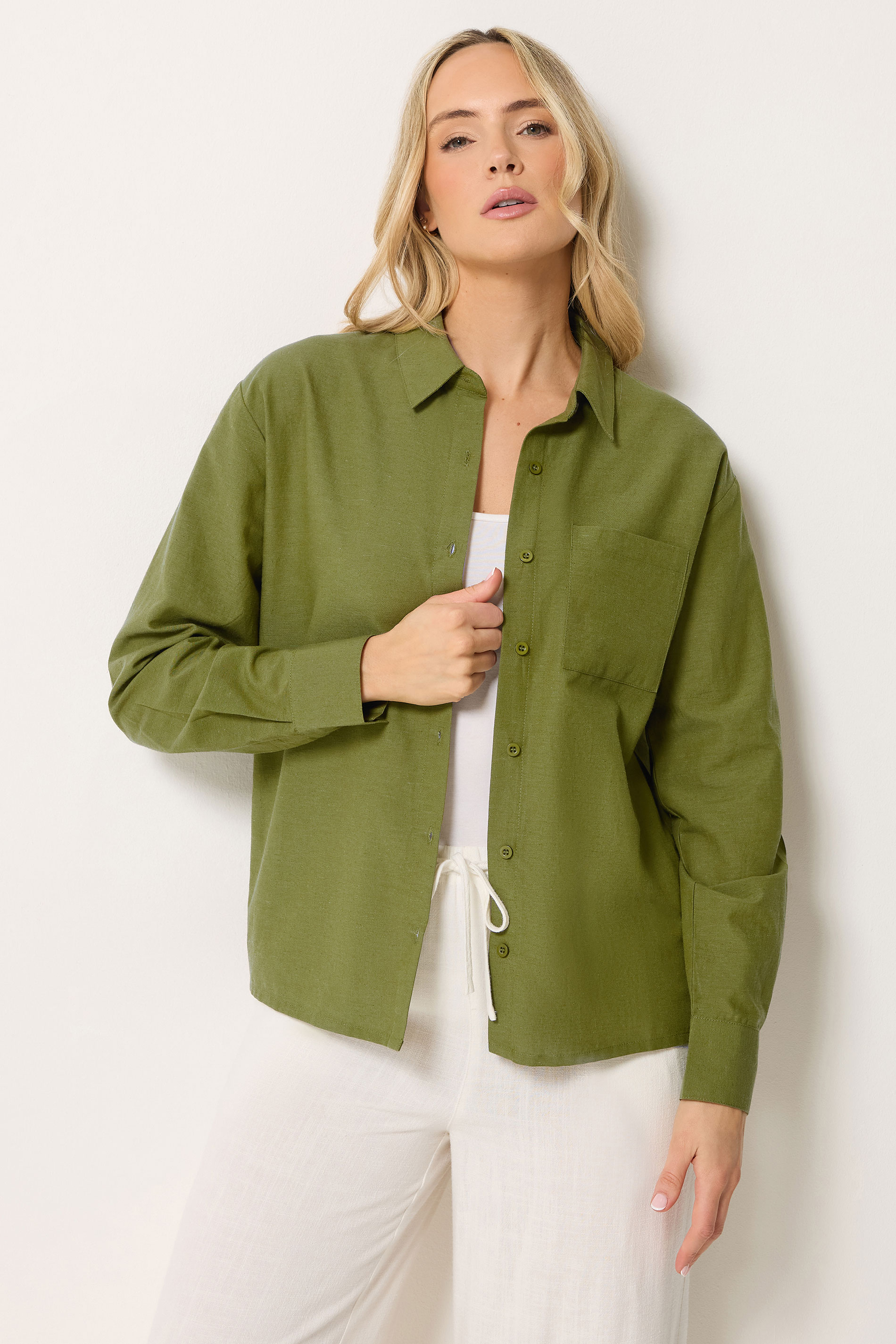LTS Tall Women's Olive Green Relaxed Linen Long Sleeve Shirt | Long Tall Sally 3