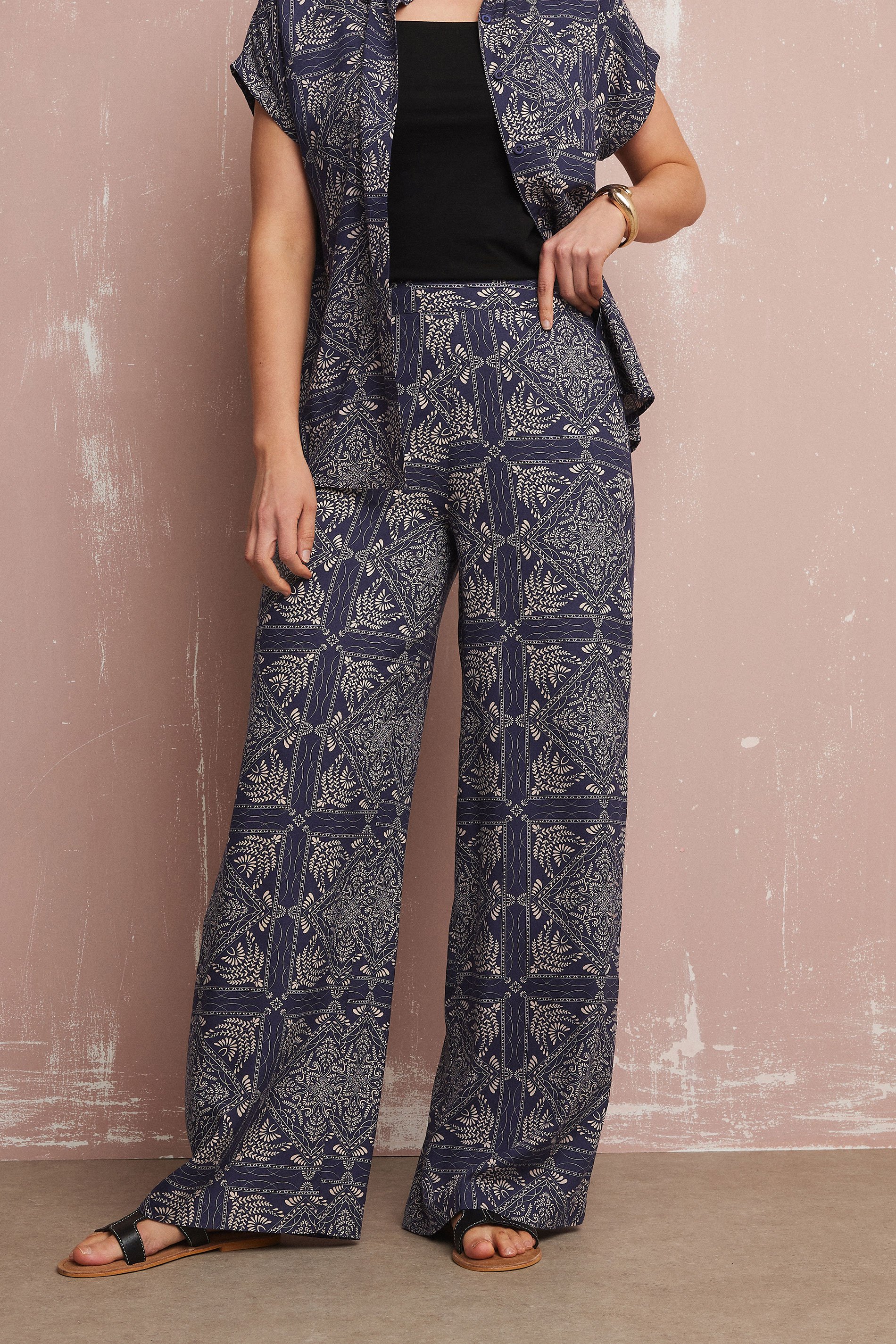 LTS Tall Navy Blue Tile Print Wide Leg Trousers | Long Tall Sally 3