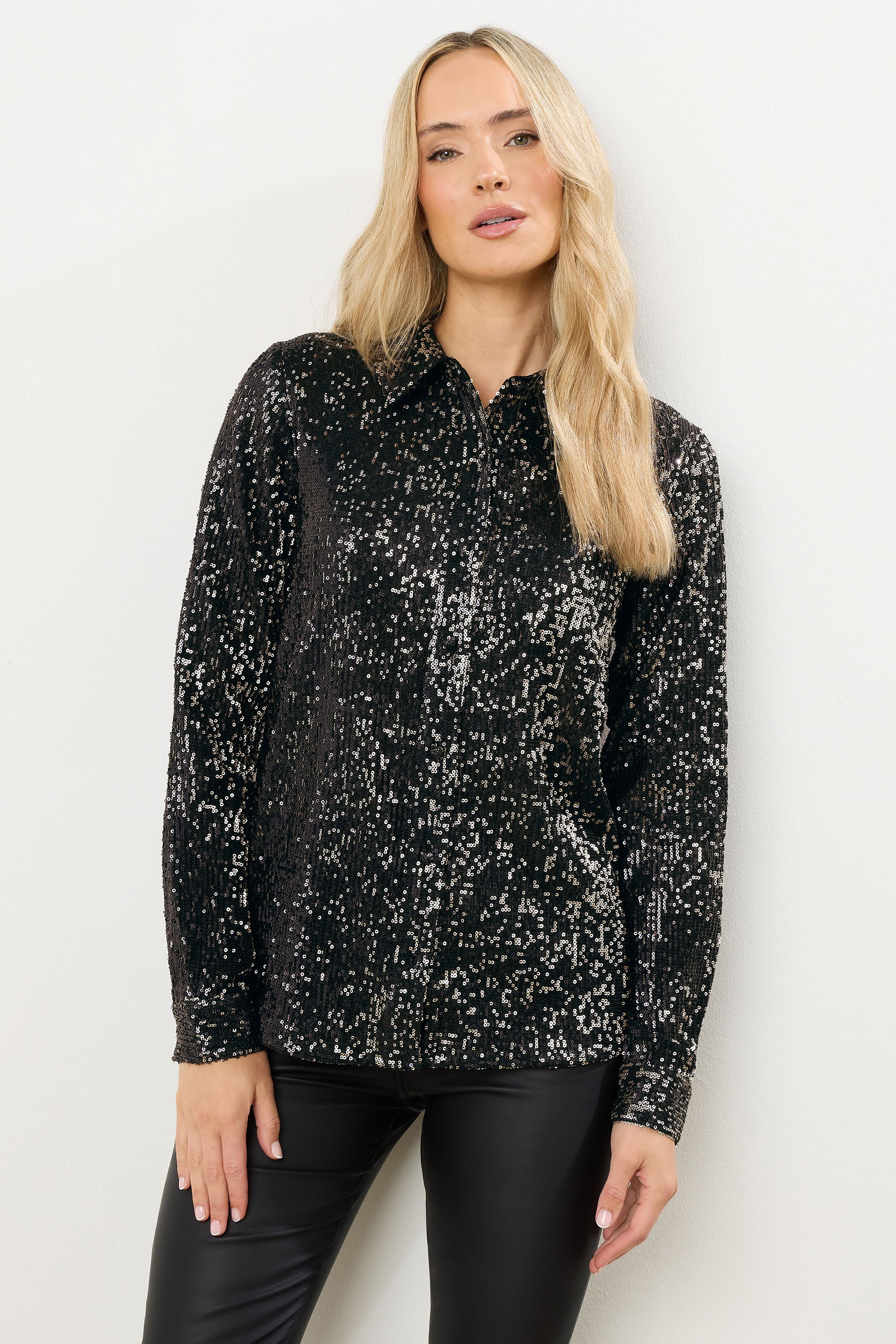 LTS Tall Black & Silver Sequin Embellished Shirt | Long Tall Sally 2