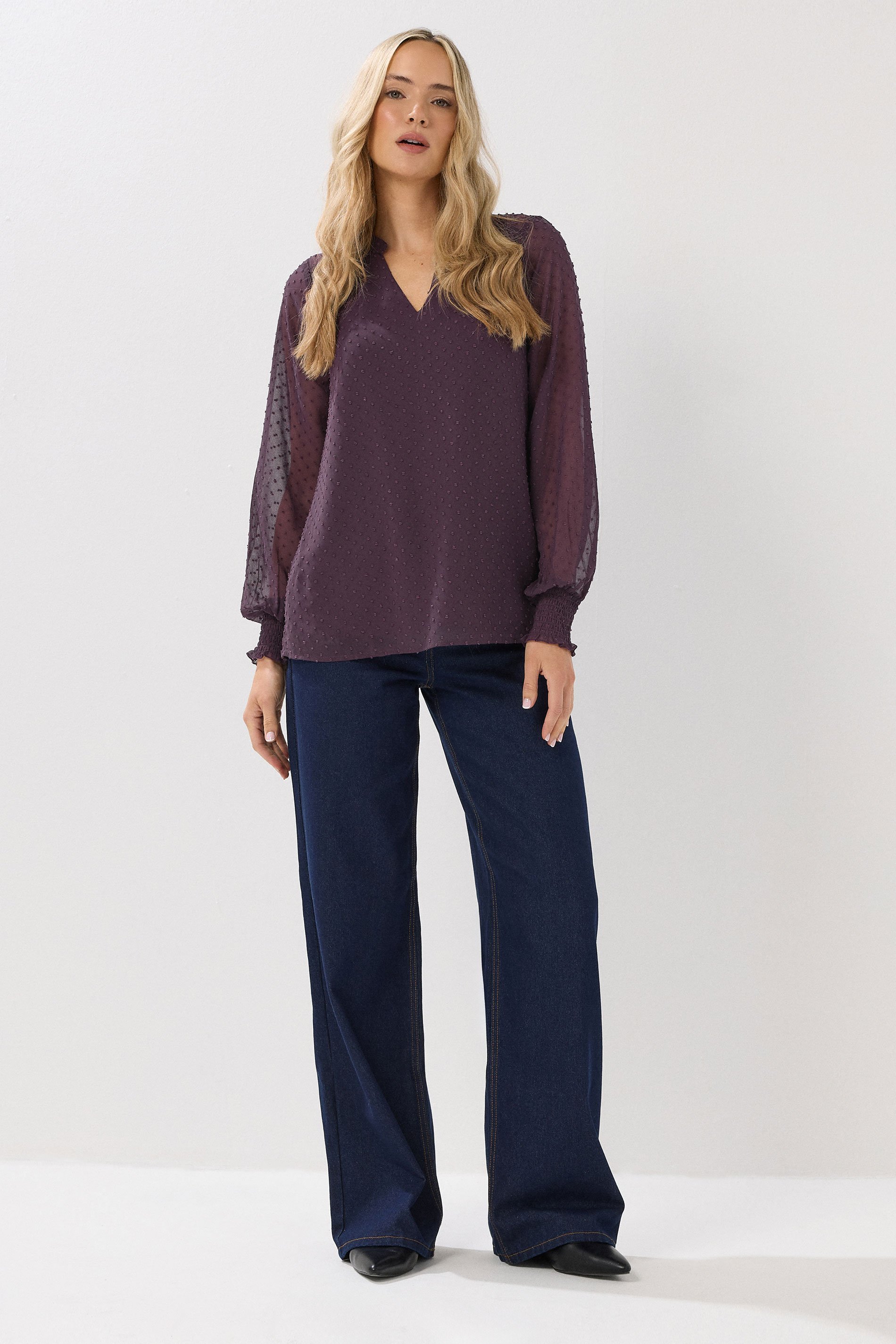 LTS Tall Purple Dobby Spot Shirred Cuff Top | Long Tall Sally 2