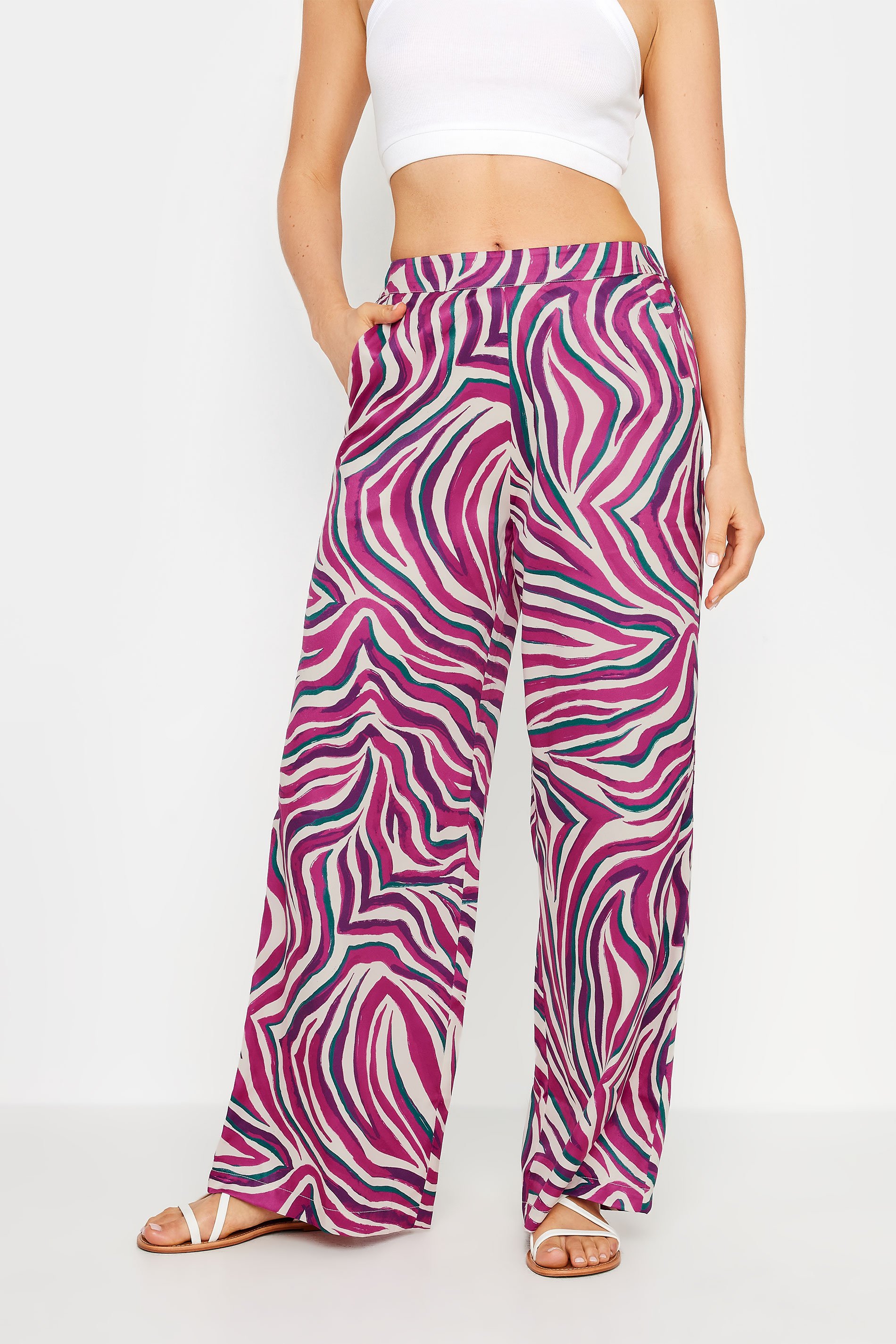 アイレネ　Garden Print Trousers　34 LTS Tall Women's Purple Zebra Print Wide Leg Trousers | Long