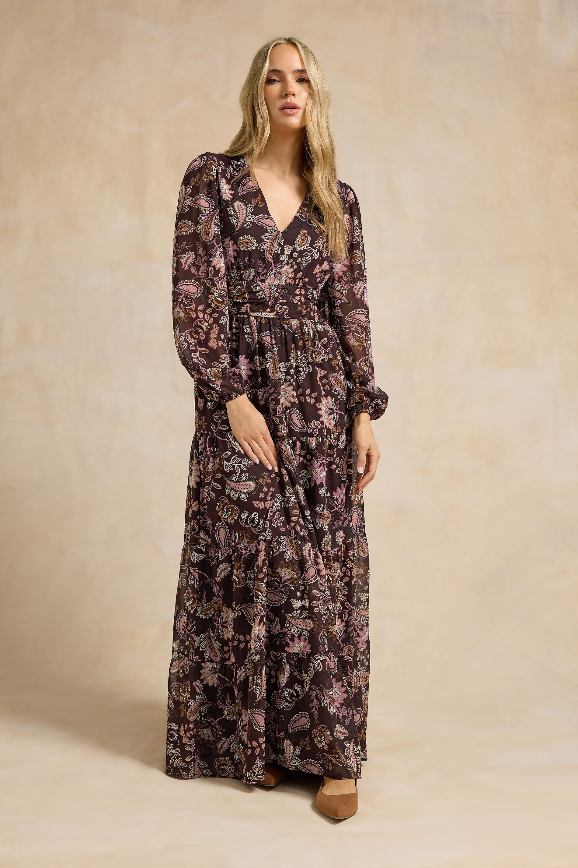 LTS Tall Chocolate Brown Paisley Chiffon Tiered Dress | Long Tall Sally 1