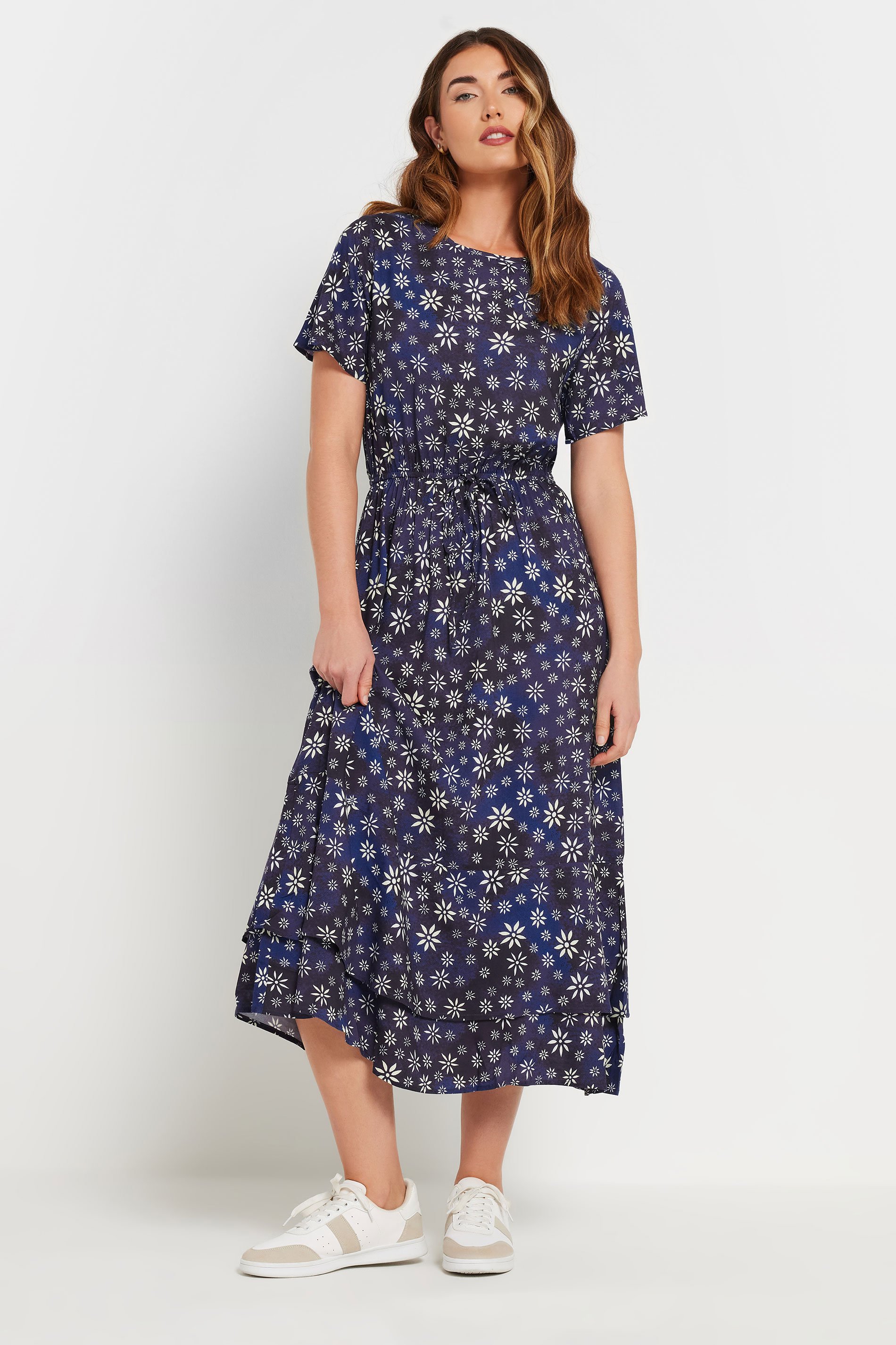 LTS Tall Navy Blue Woven Ditsy Floral Tie Waist Dress | Long Tall Sally 1