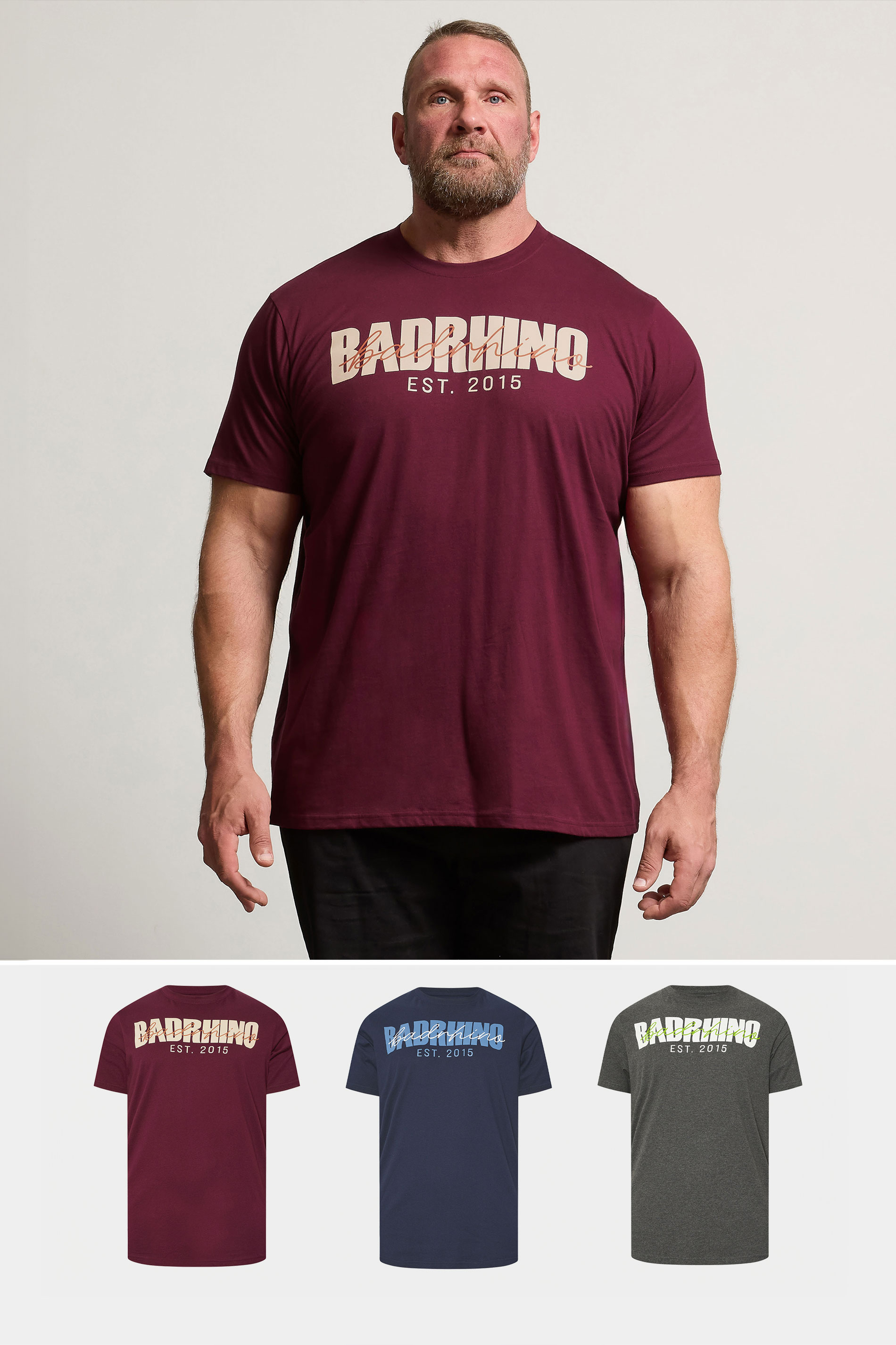 BadRhino Big & Tall 3 PACK Burgundy Red & Navy Blue Scripted T-Shirts | BadRhino 1