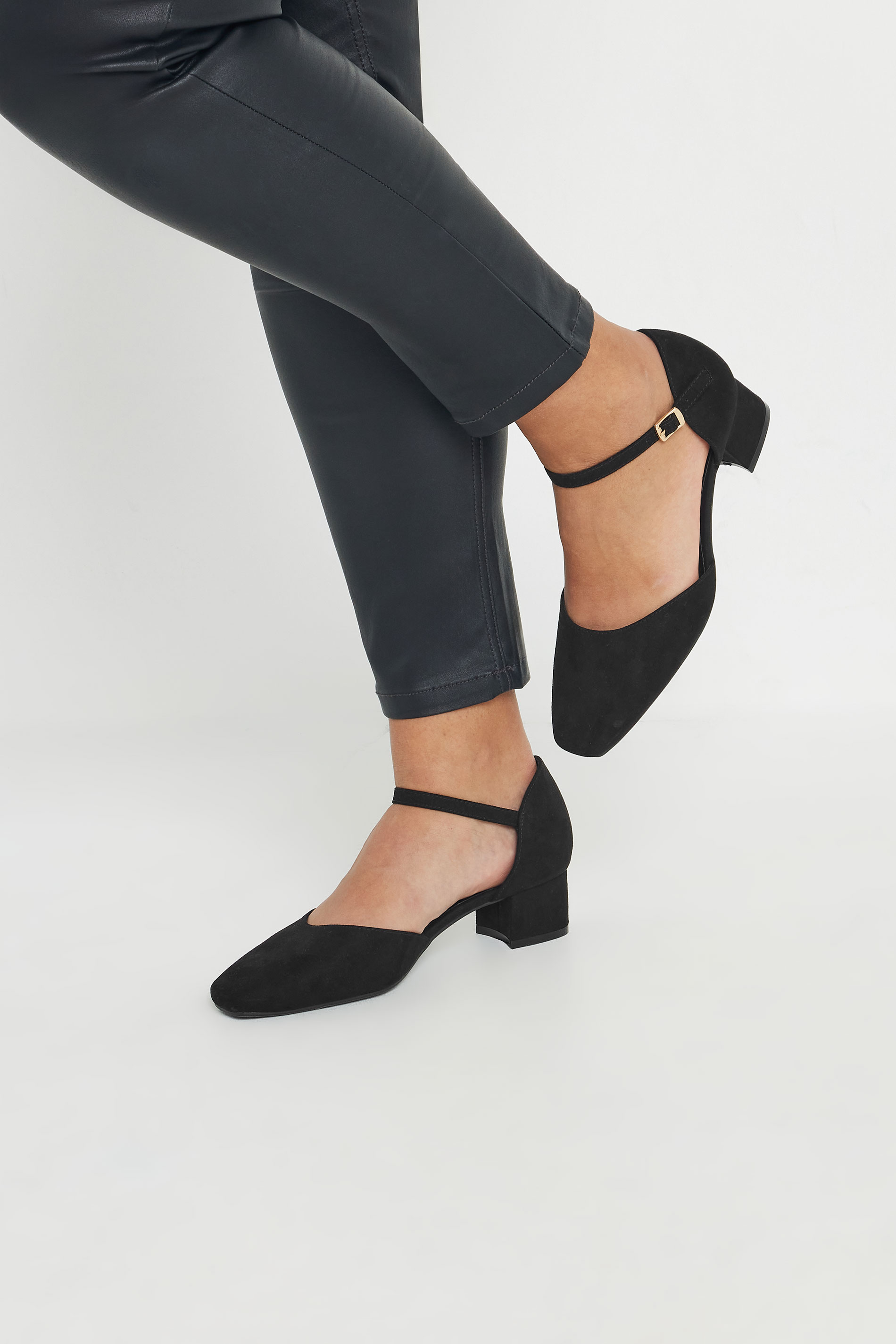Black Faux Suede Block Heel Court Shoes In Extra Wide EEE Fit | Yours Clothing 1