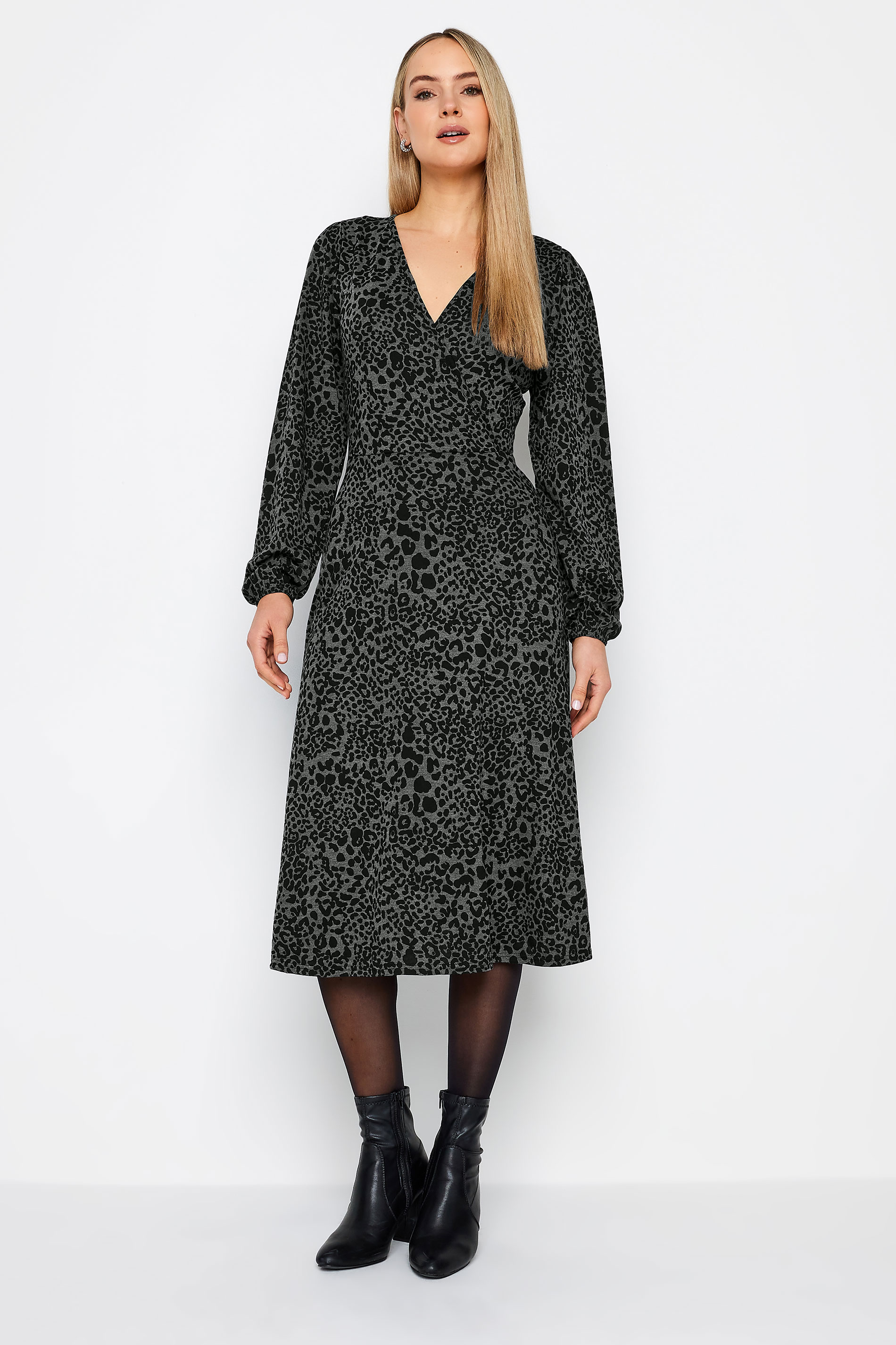 LTS Tall Women's Charcoal Grey Leopard Print Wrap Dress | Long Tall Sally 1