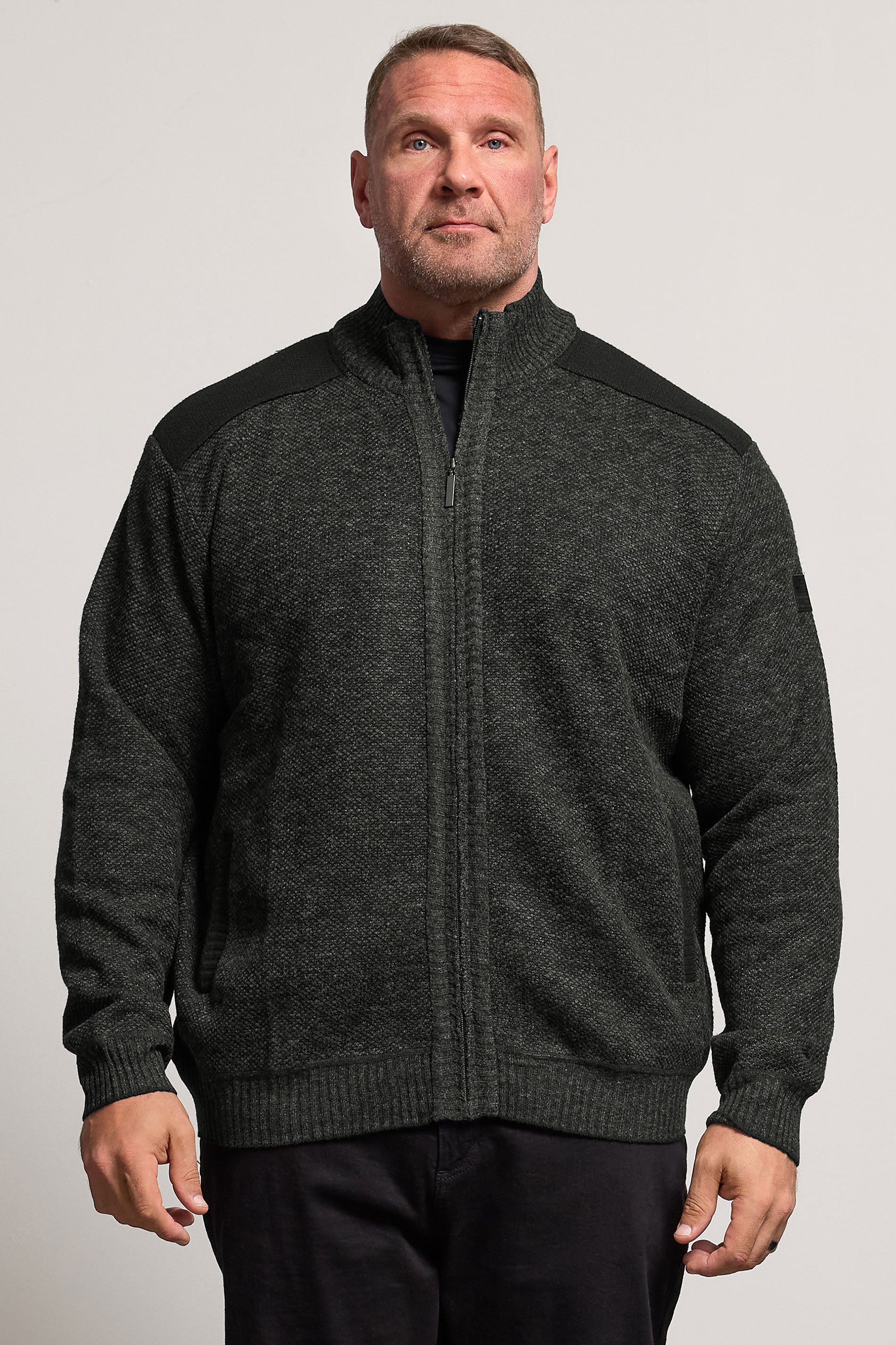 D555 Big & Tall Charcoal Grey Marl Zip Through Knitted Jumper | BadRhino 1