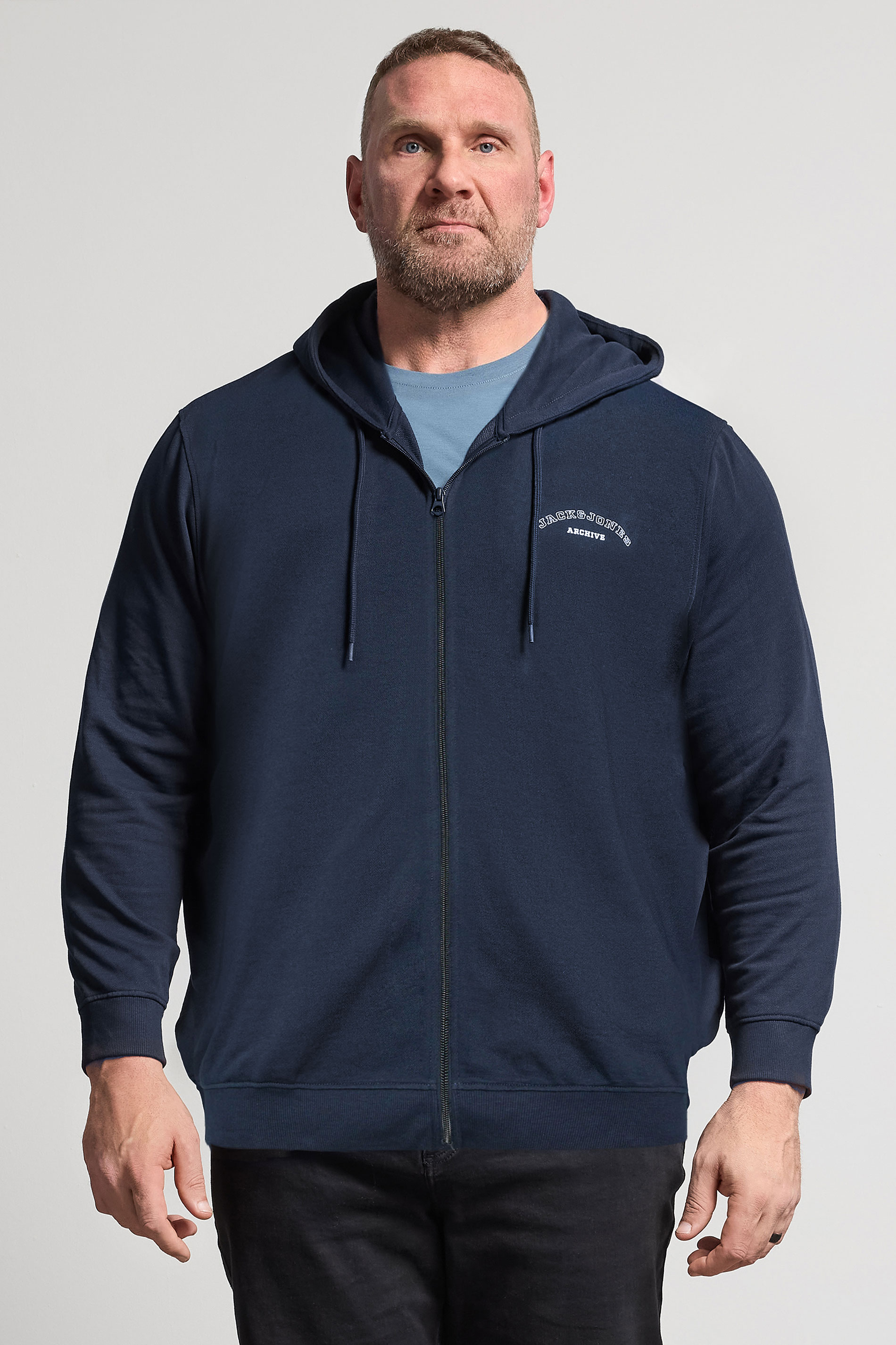 JACK & JONES Big & Tall Navy Blue Zip Through Print Hoodie | BadRhino 3