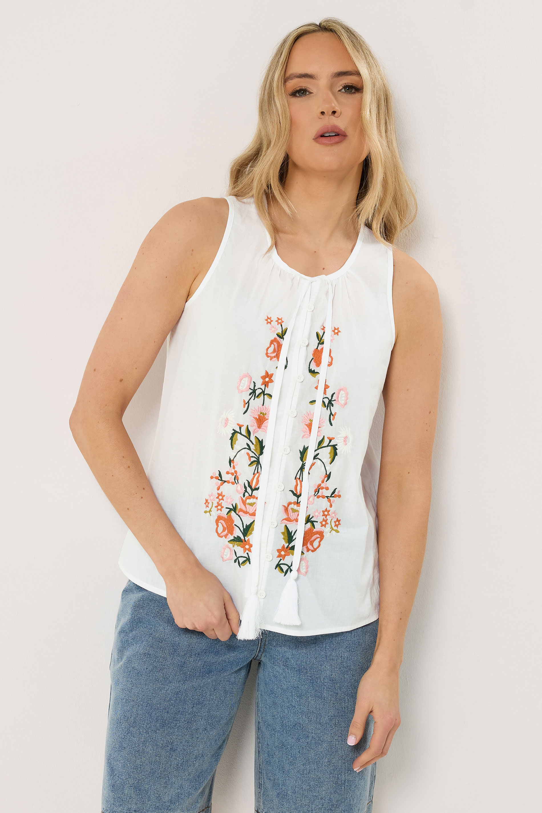 LTS Tall Women's White Floral Embroidered Vest Top | Long Tall Sally 3