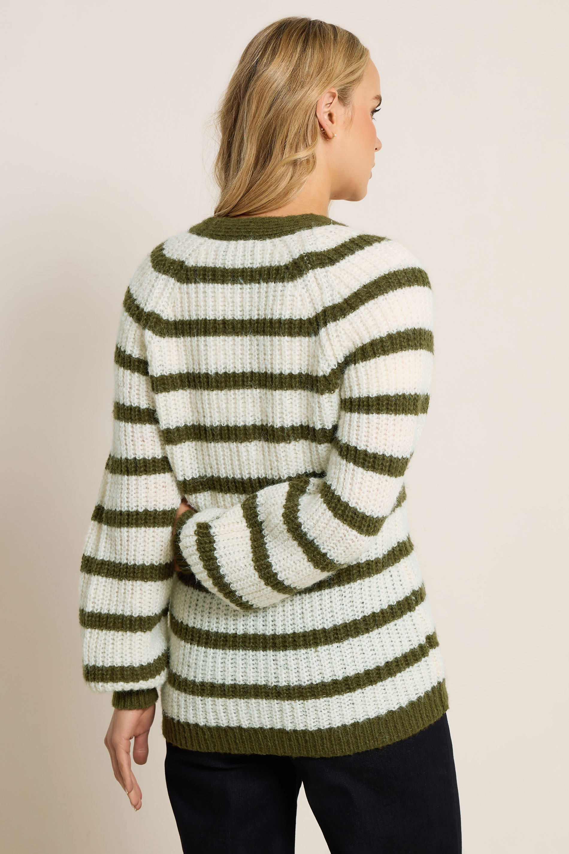 LTS Tall Green Knitted Stripe Button Cardigan | Long Tall Sally 3
