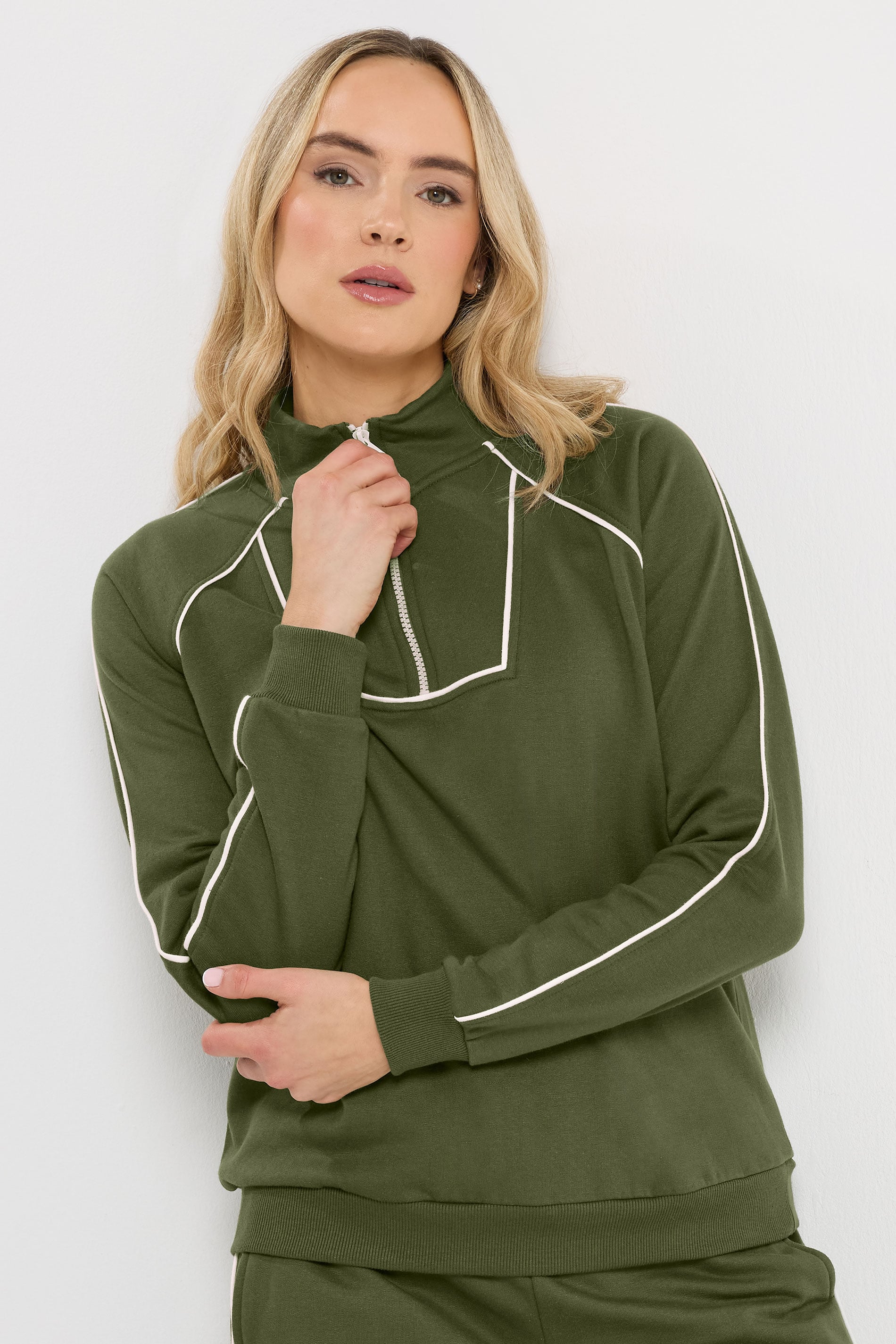 LTS Tall Women's Khaki Green Pipe Detail Quarter Zip Sweatshirt | Long Tall Sally 3