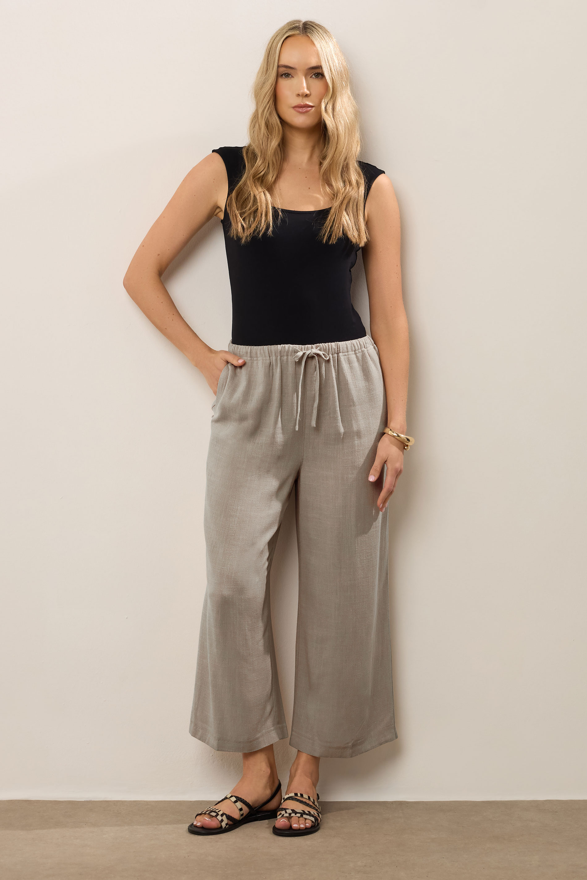 LTS Tall Women's Beige Brown Linen Tie Waist Cropped Trousers | Long Tall Sally  2