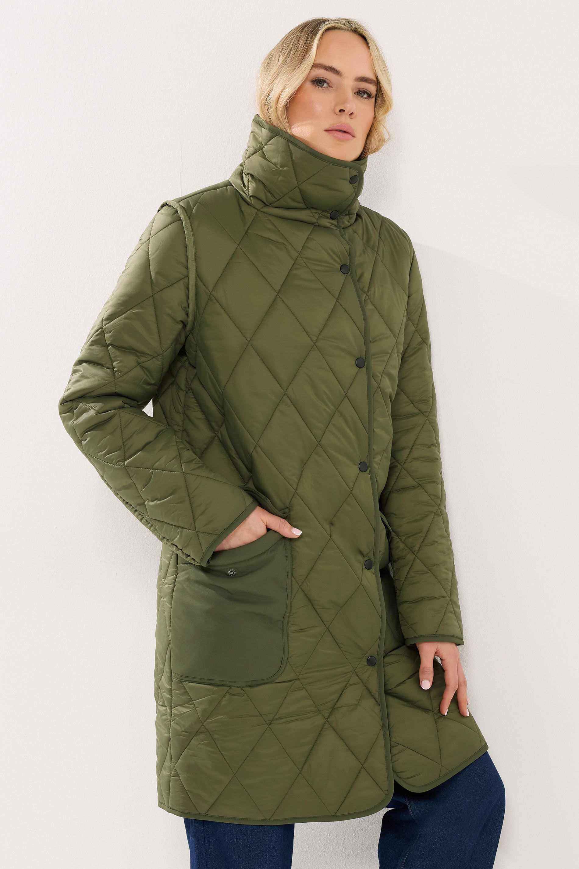 LTS Tall Khaki Green Funnel Neck Quilted Coat | Long Tall Sally