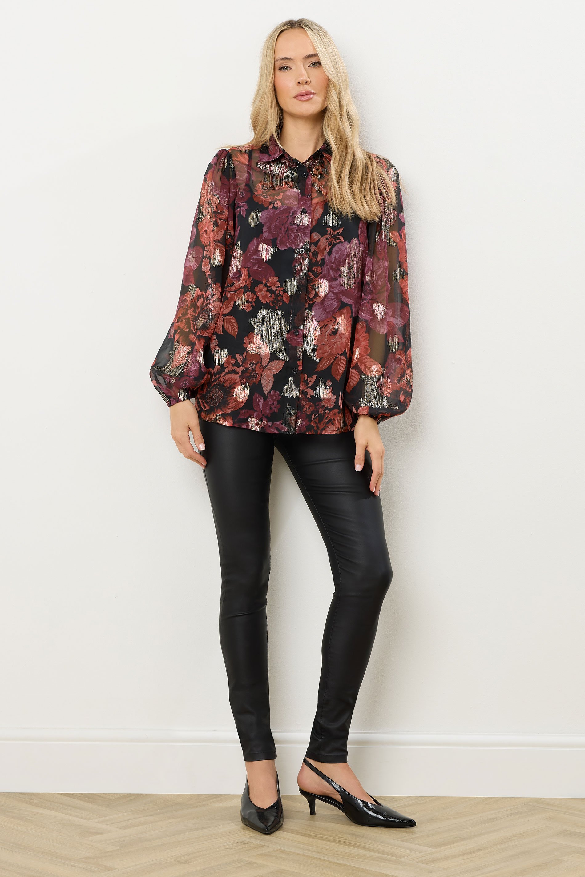 LTS Tall Black Rose Jacquard Balloon Sleeve Shirt | Long Tall Sally 2