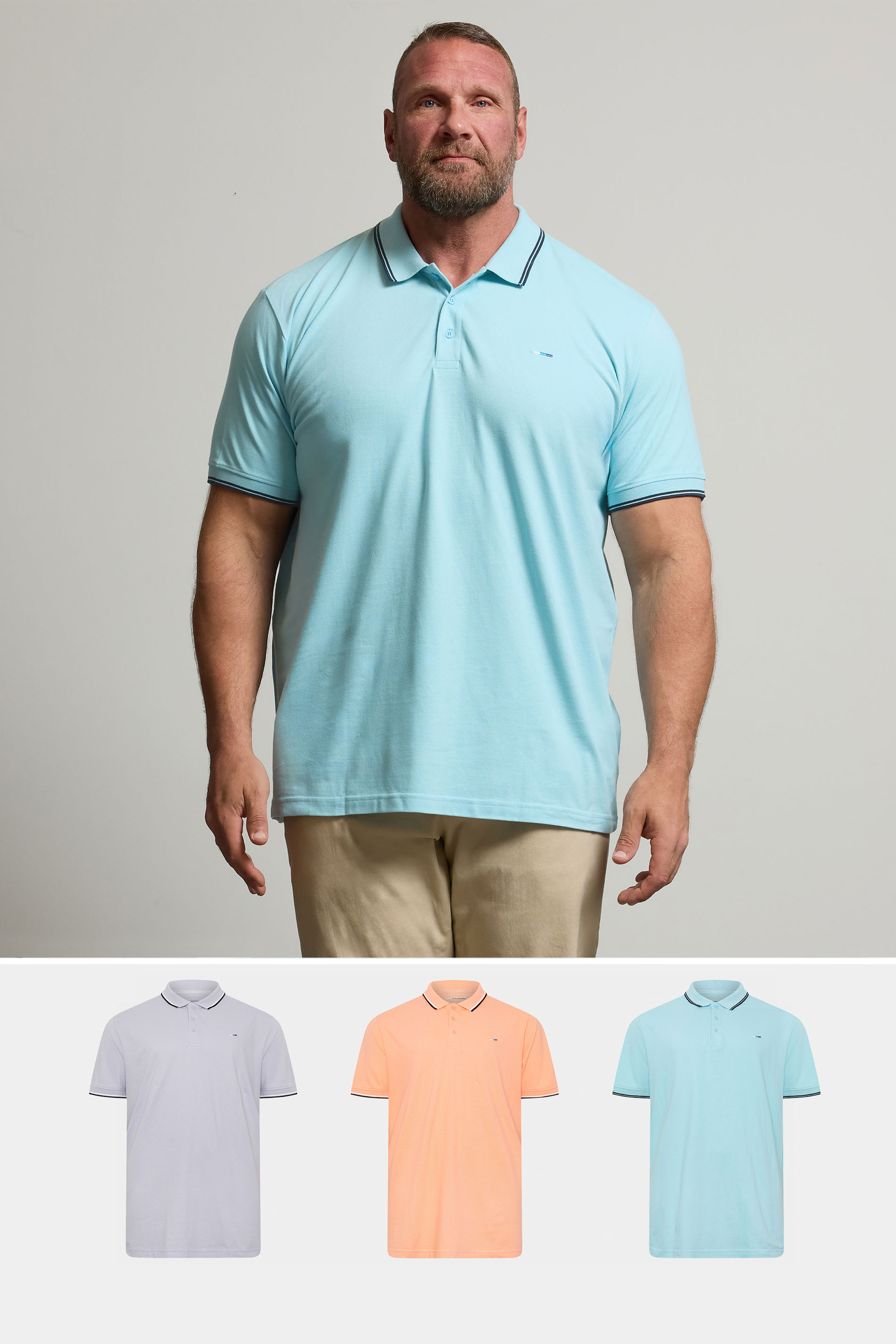 BadRhino Big & Tall 3 Pack Blue & Orange Tipped Polo Shirts | BadRhino 1