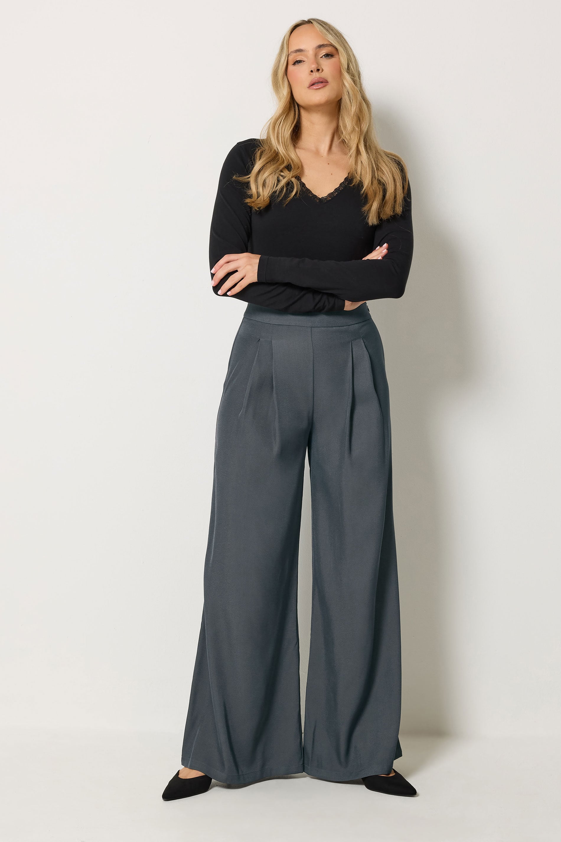 LTS Tall Women's Grey Pleat Front Wide Leg Trousers | Long Tall Sally 3