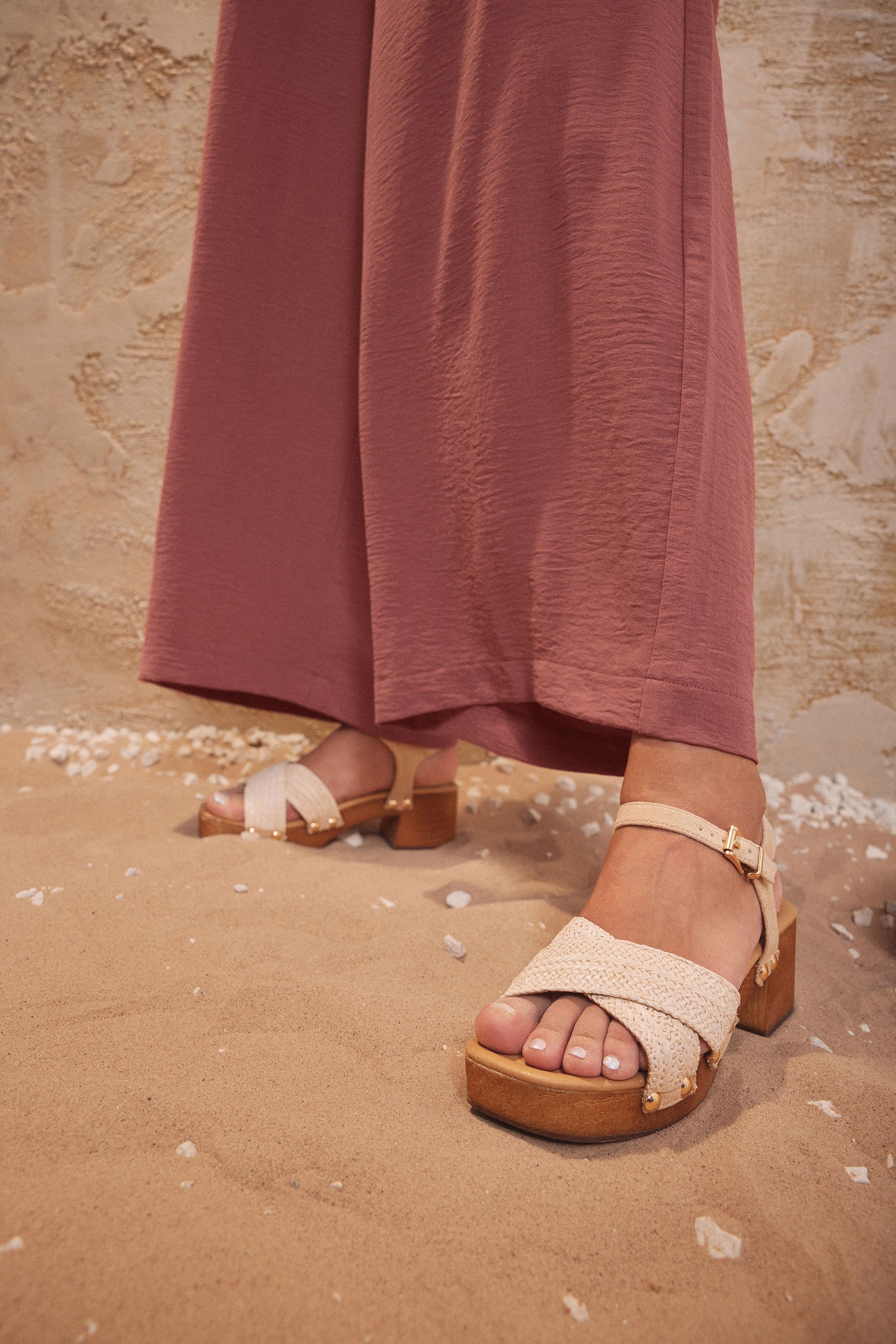 Natural Brown Cross Over Platform Wooden Clog Sandals In Wide E Fit | Yours Clothing 1