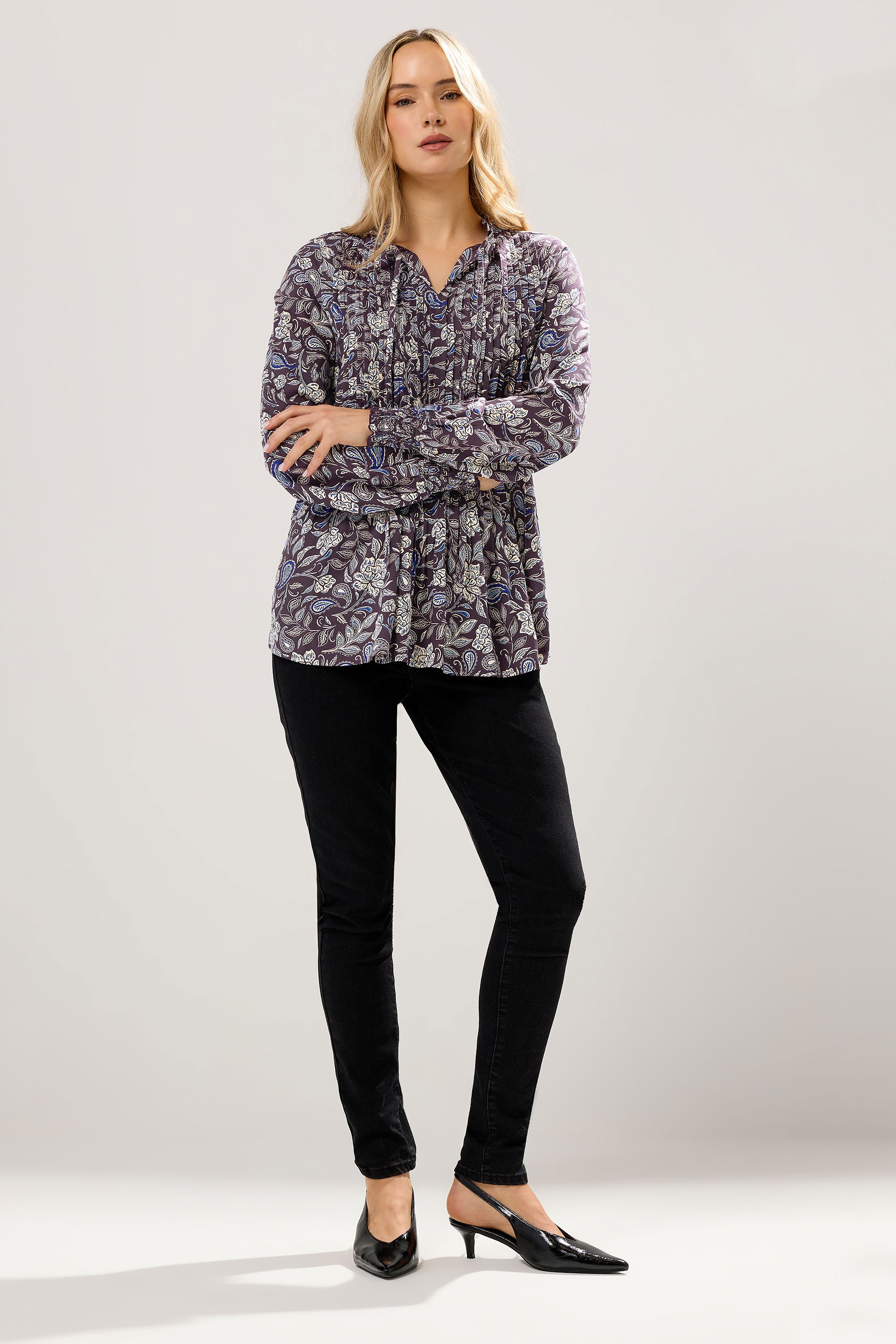 LTS Tall Purple Floral Tie Neck Pintuck Blouse | Long Tall Sally 2