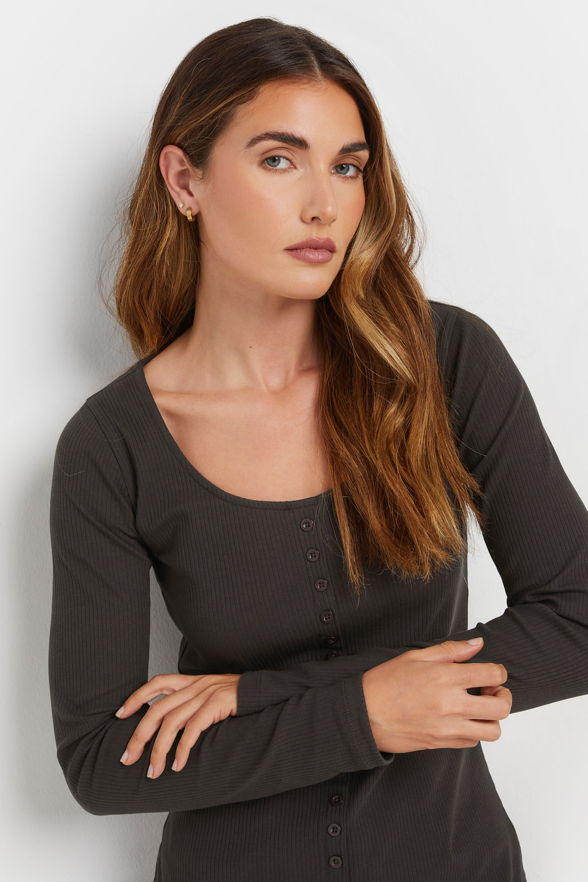 LTS Tall Charcoal Grey Ribbed Button Long Sleeve Top | Long Tall Sally 3
