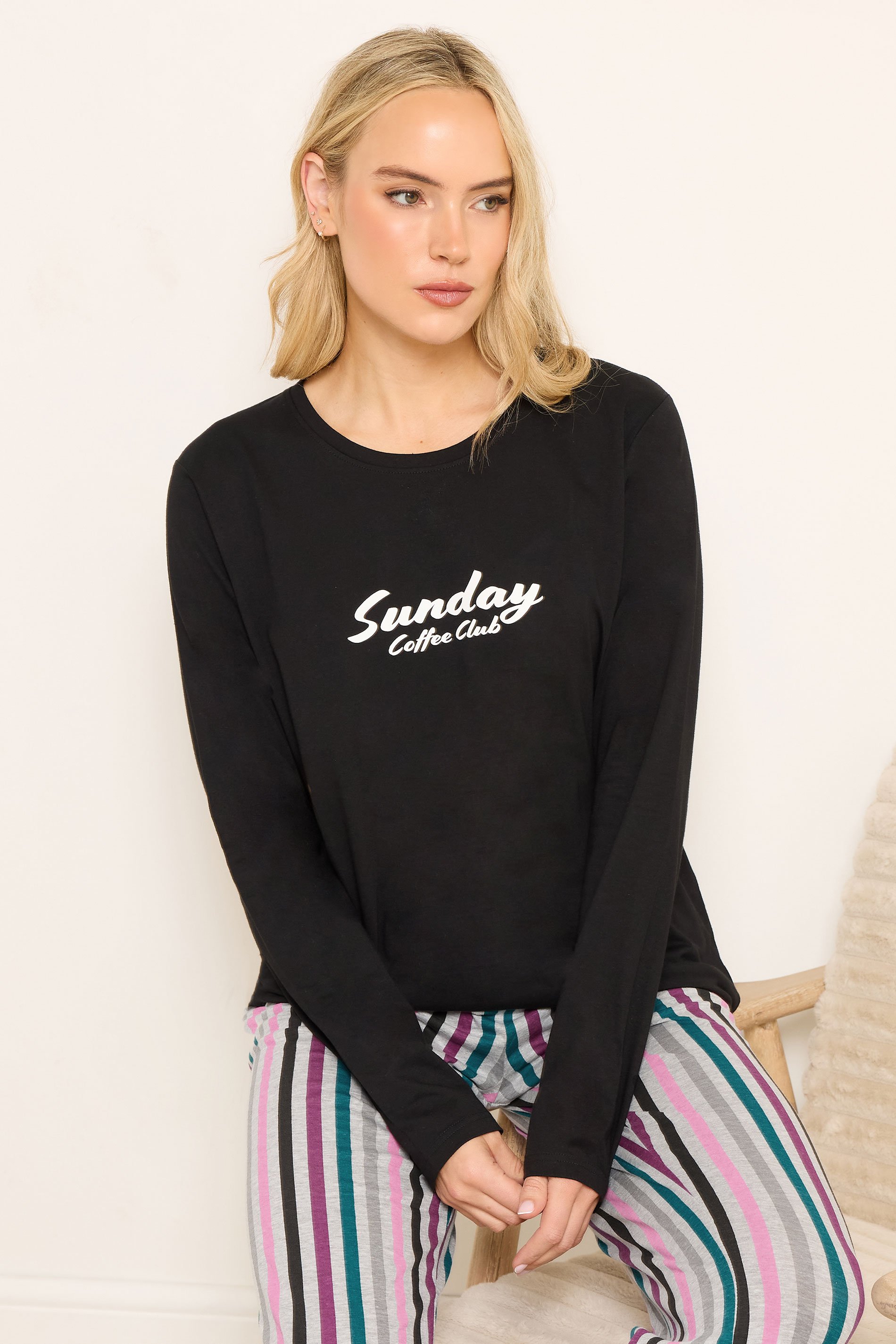 LTS Tall Black Striped 'Coffee Club' Slogan Pyjama Set | Long Tall Sally 2