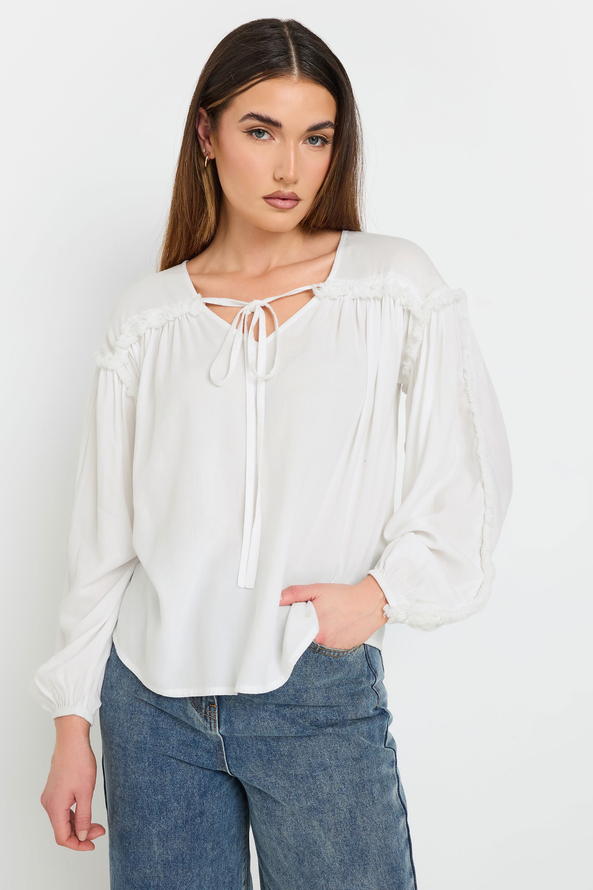 LTS Tall Ivory White Fringed Seam Tie Neck Blouse | Long Tall Sally 4
