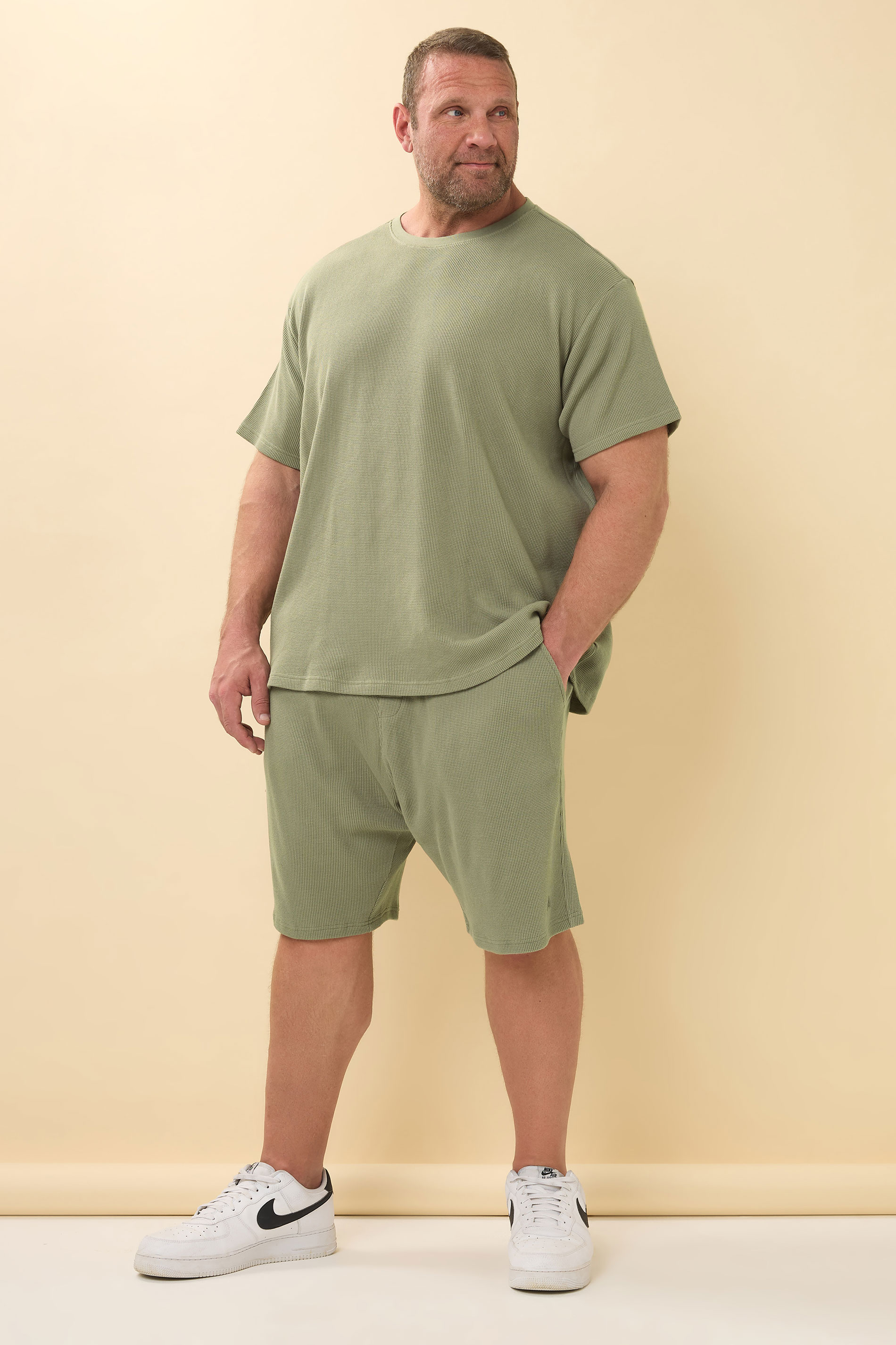 STUDIO A Big & Tall Khaki Green Waffle Textured Shorts | BadRhino 2