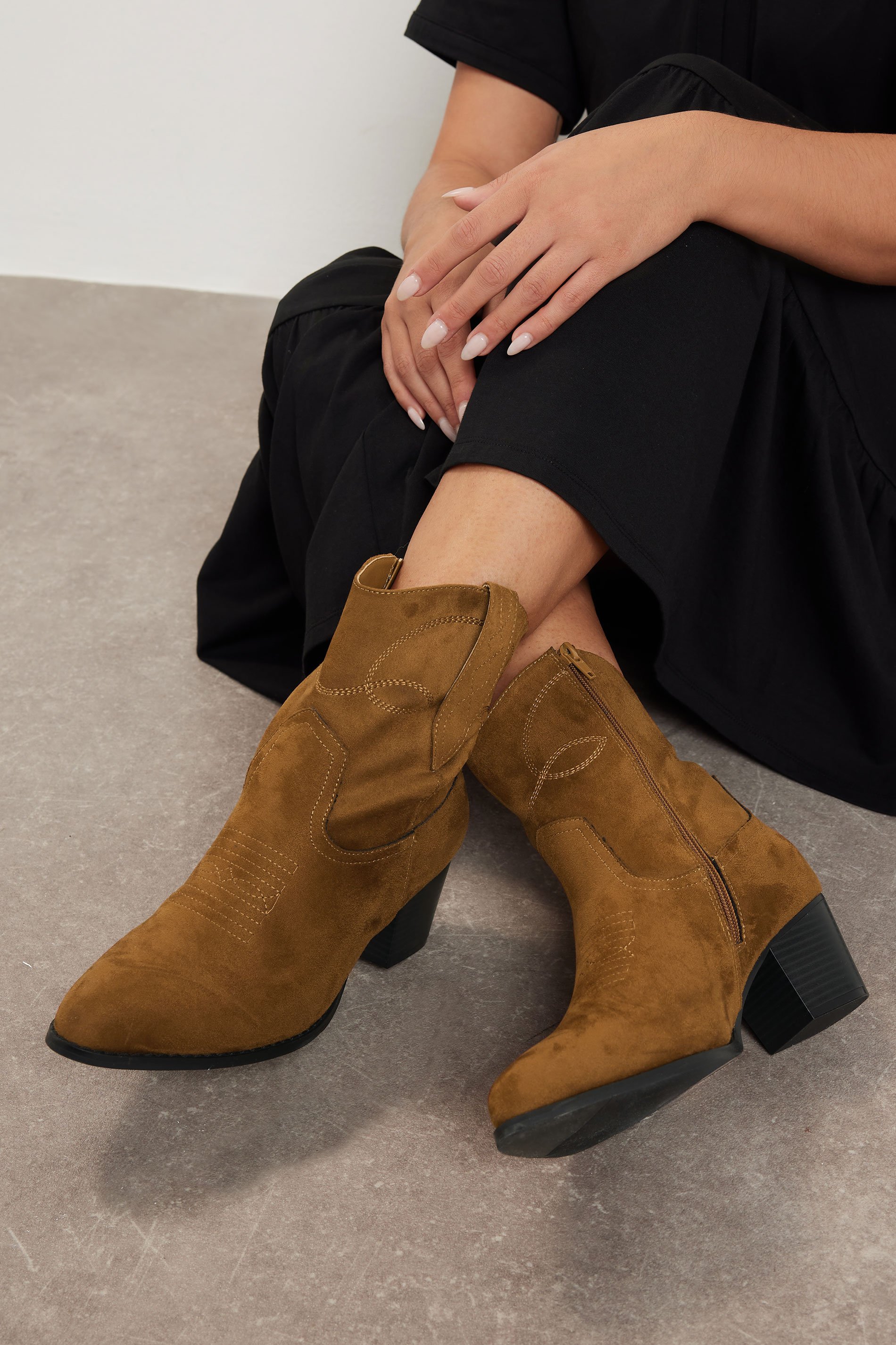 Brown Faux Suede Contrast Stitch Western Heel Ankle Boots In Extra Wide EEE Fit | Yours Clothing 2