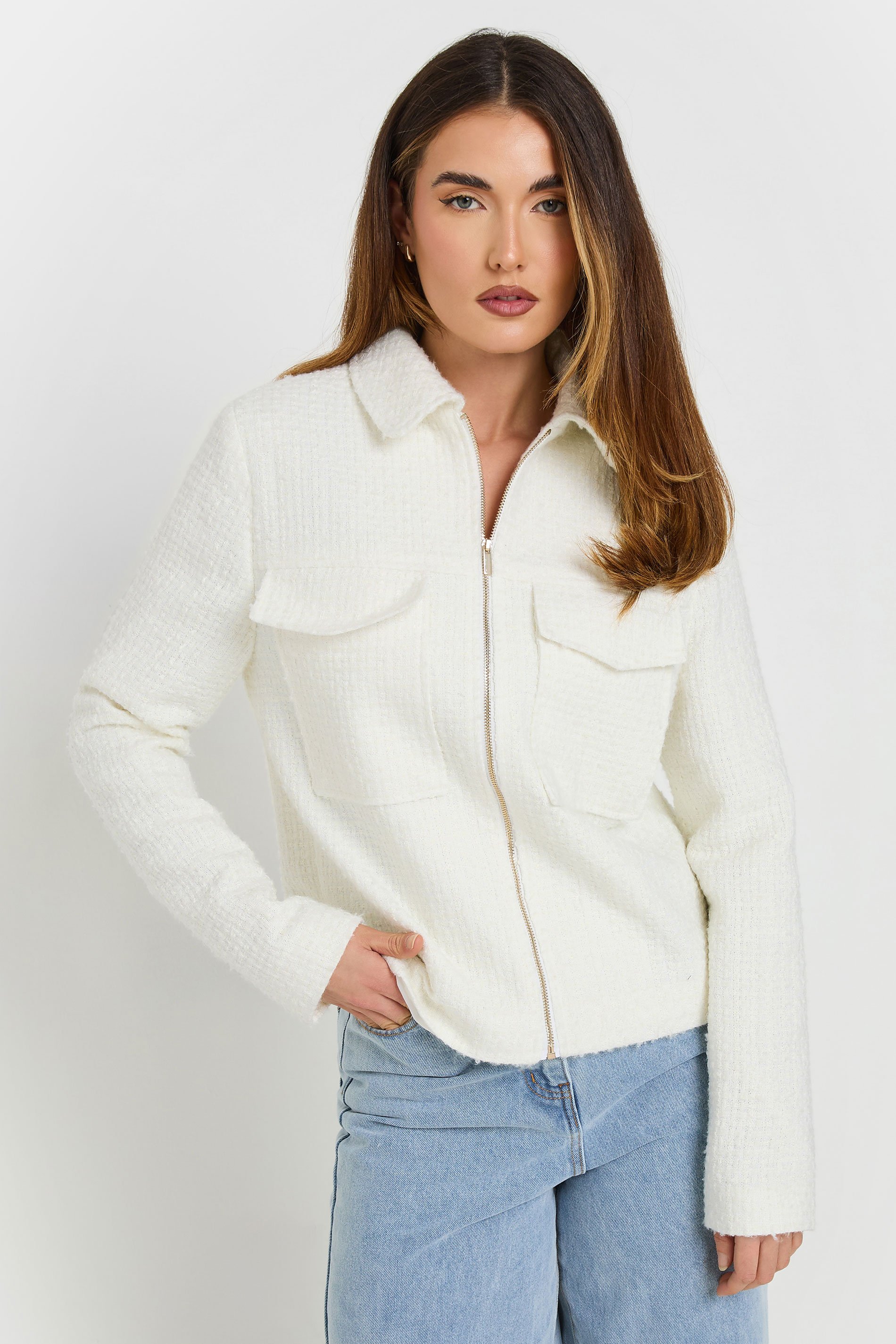 LTS Tall Ivory White Boucle Zip Bomber Jacket | Long Tall Sally 1