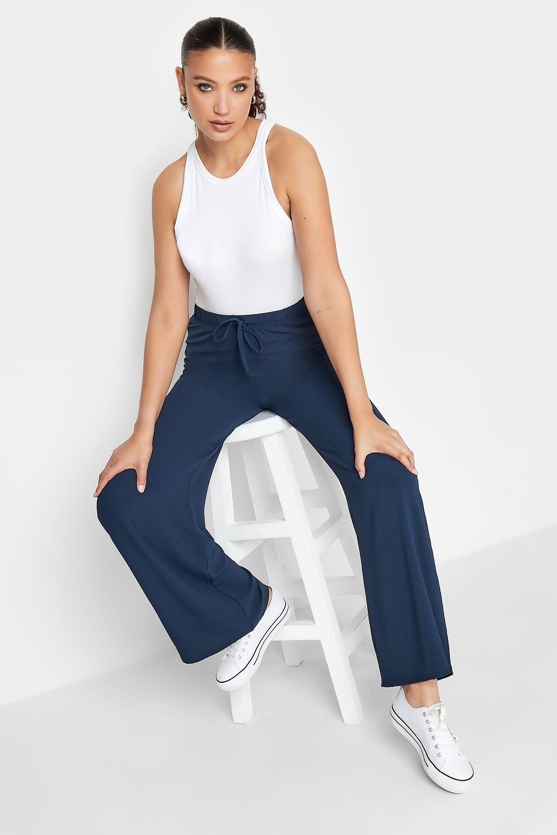 LTS Tall Navy Blue Crepe Wide Leg Trousers | Long Tall Sally 2