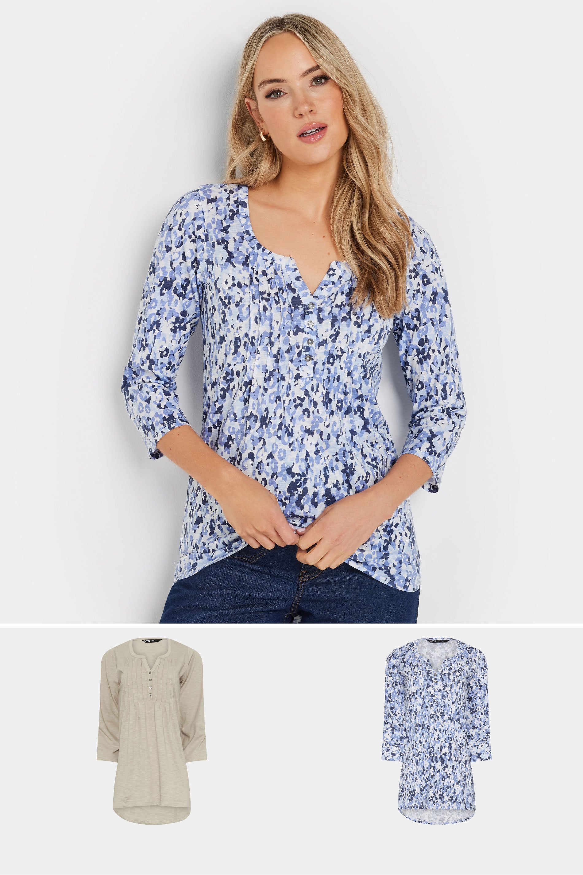 LTS Tall 2 PACK Beige Brown & Blue Henley Tops | Long Tall Sally 1